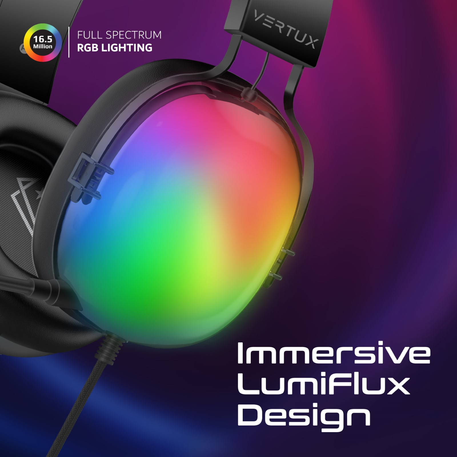 Auriculares negros con iluminación RGB y texto: diseño LumiFlux inmersivo.