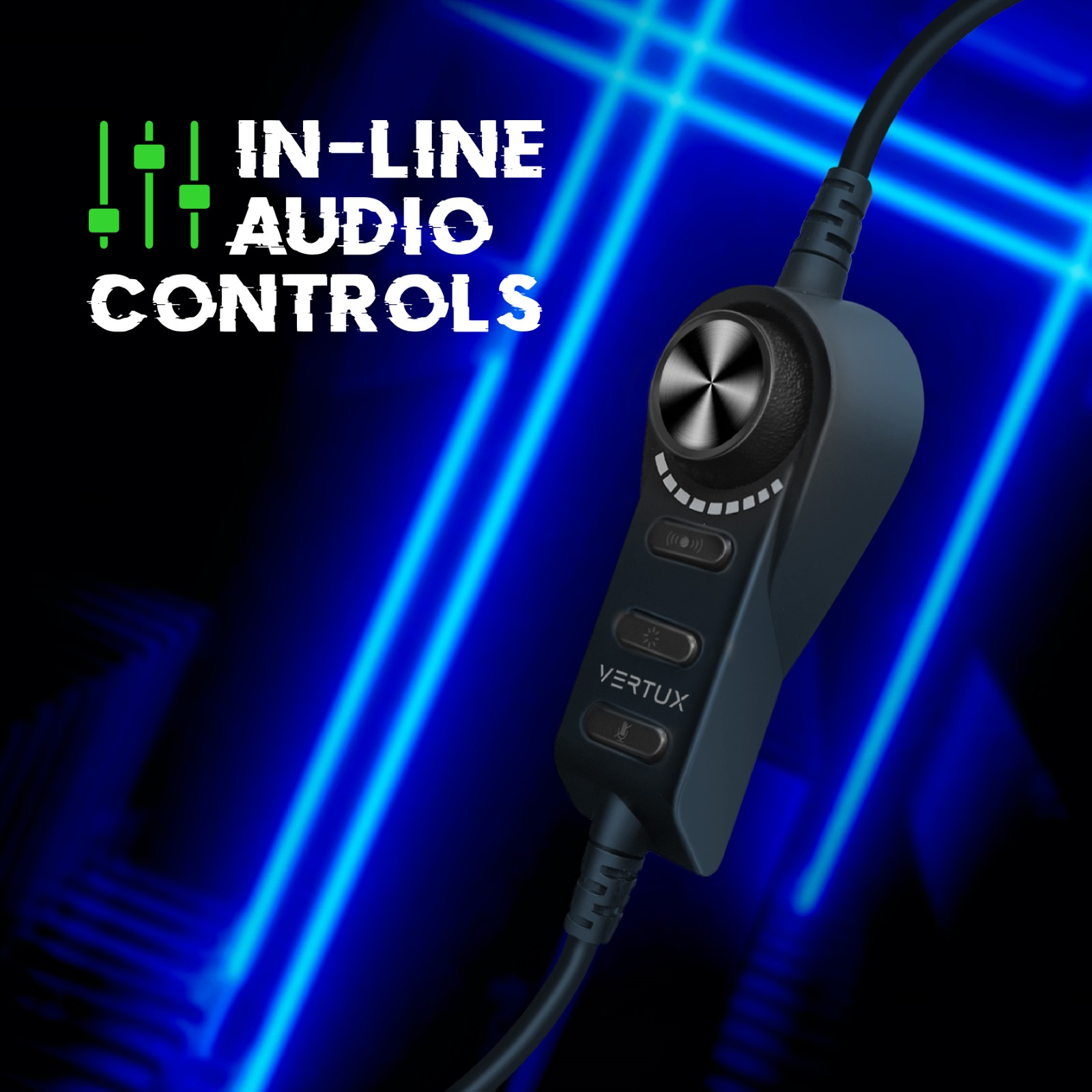 Un controllo audio in linea nero, con una manopola del volume, pulsanti e il marchio 'VERTUX'.