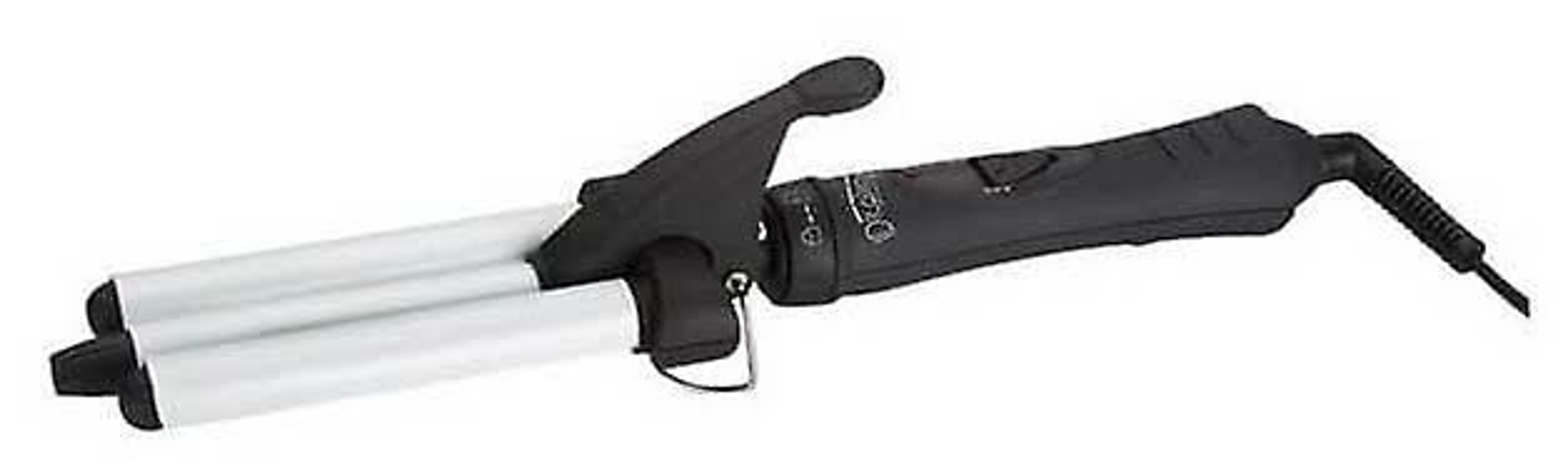 Karownica do włosów z trzema lufami, czarnym uchwytem i srebrnymi lufami, białe tło.