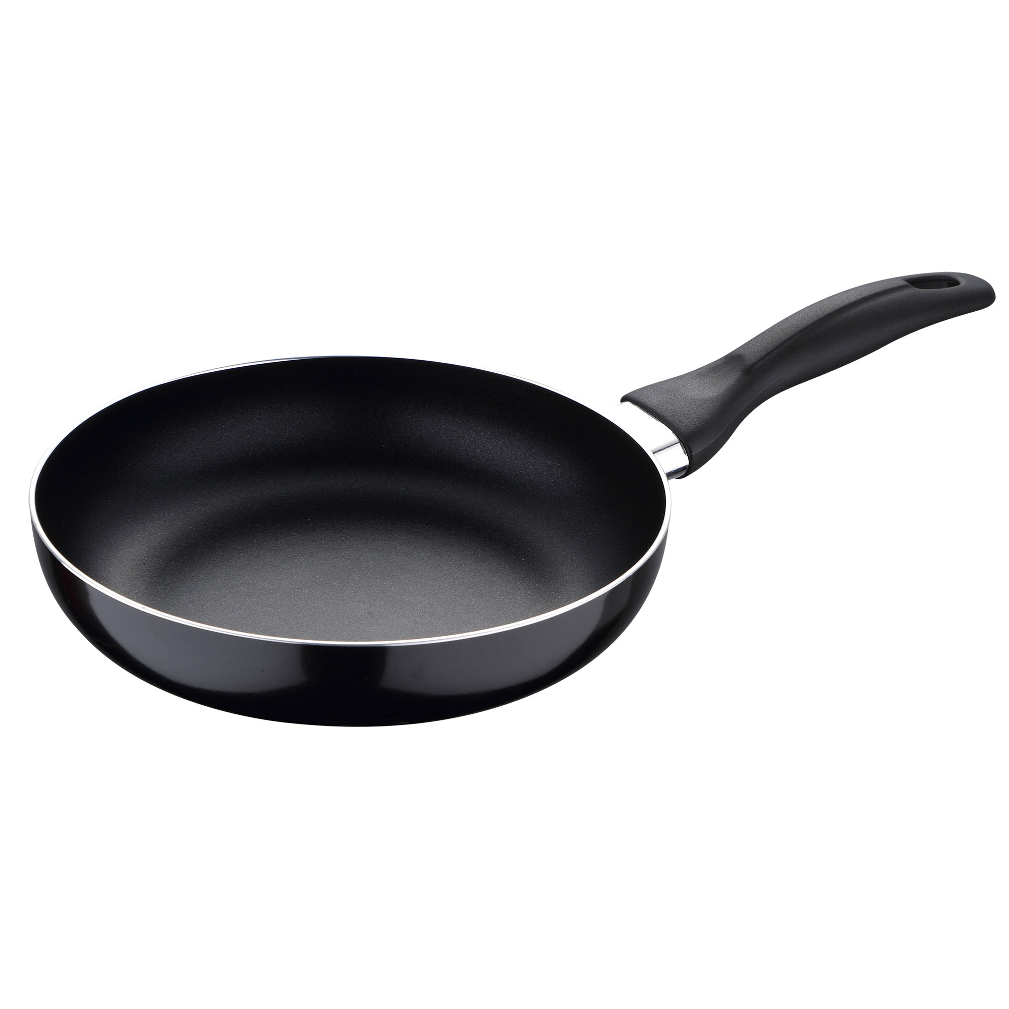 Sartén negra con borde blanco, mango negro. Aislada sobre fondo blanco.