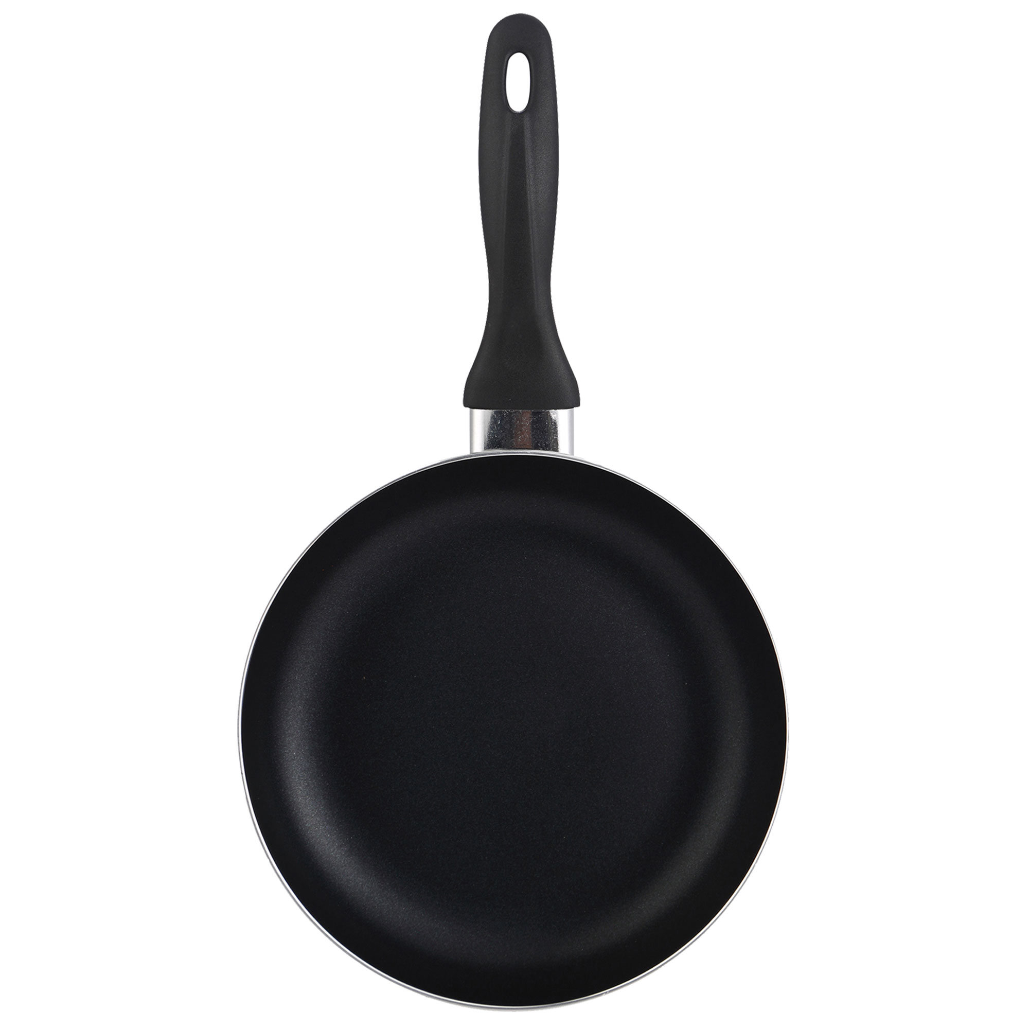 Vista cenital de una sartén negra con mango negro y borde plateado.