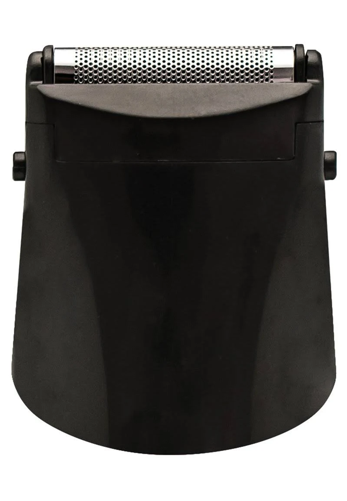 Czarna głowica golarki elektrycznej. Widok z góry pokazuje ostrza tnące i ramę ochronną.