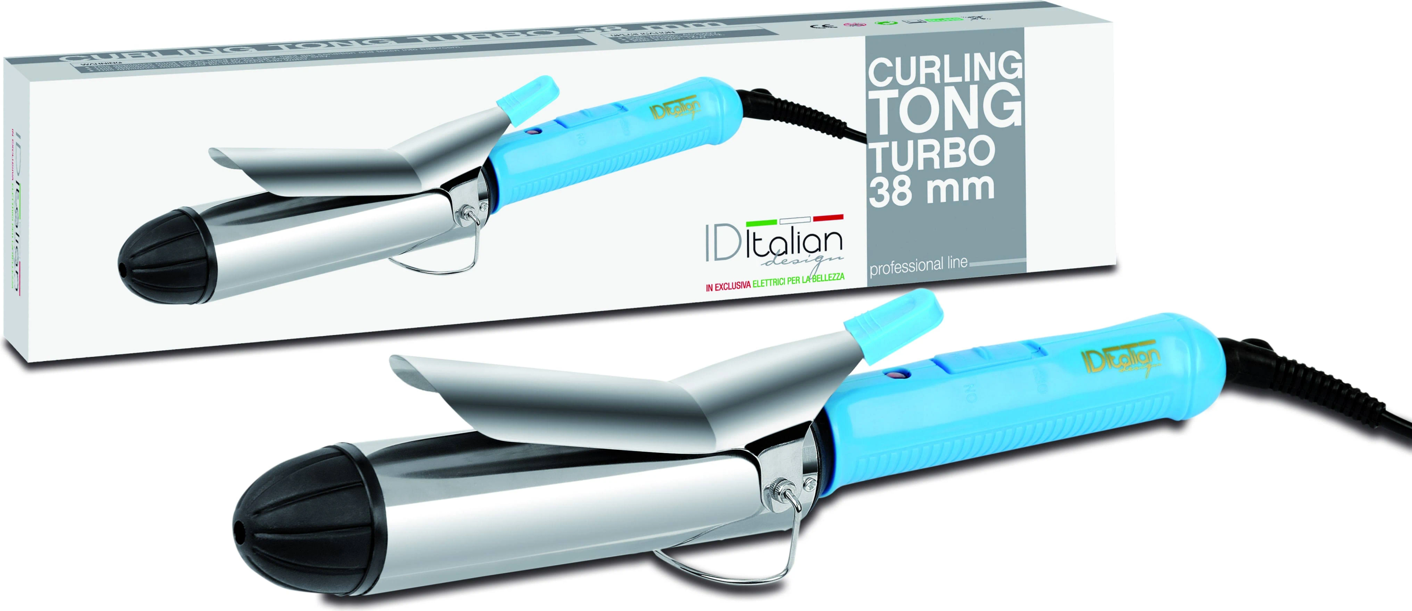 Niebieska i srebrna lokówka z białą skrzynką. Tekst wskazuje 38 mm i 'Turbo'.