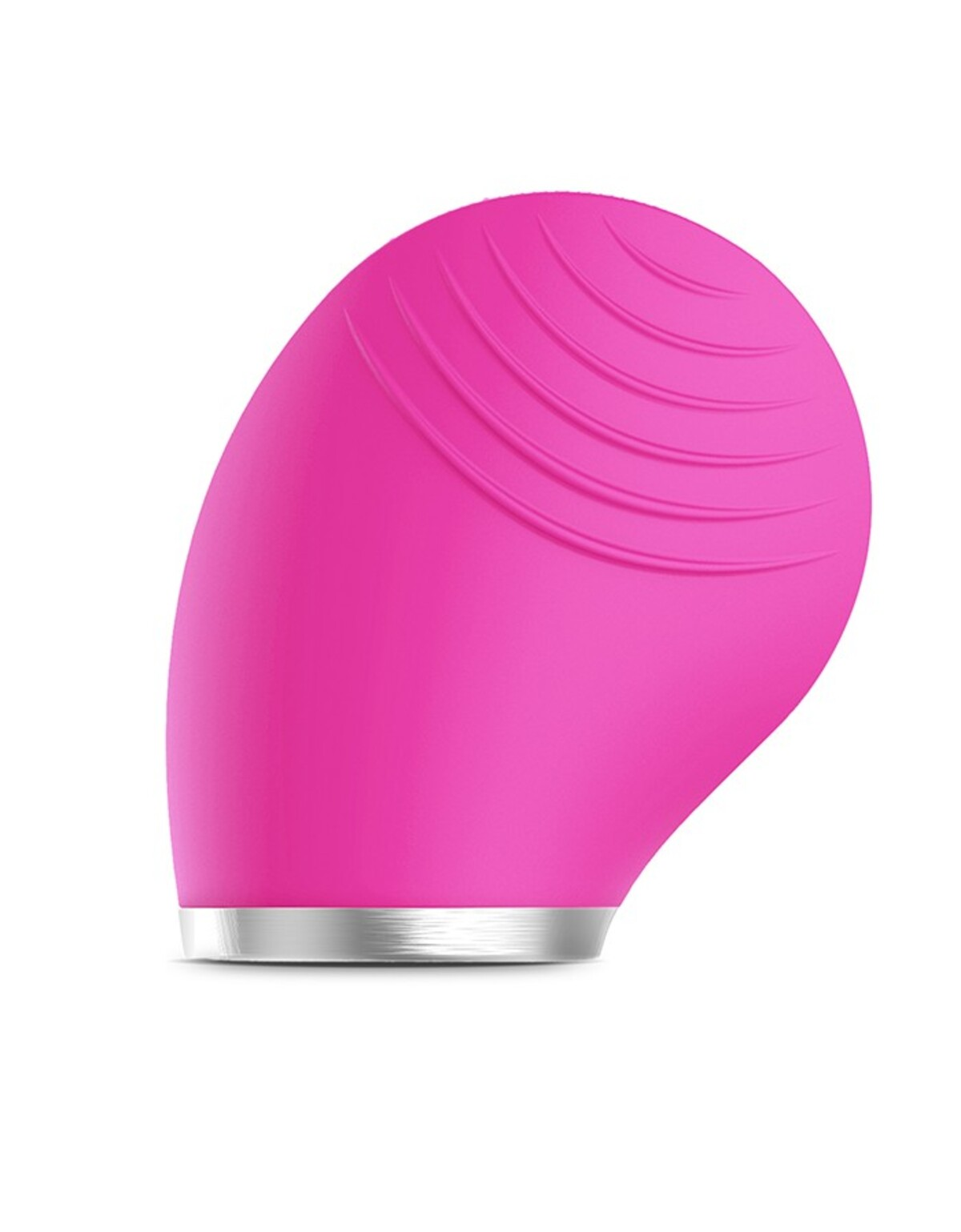 Dispositivo rosa de limpieza facial. Tiene forma ovalada con parte superior estriada y base metálica.