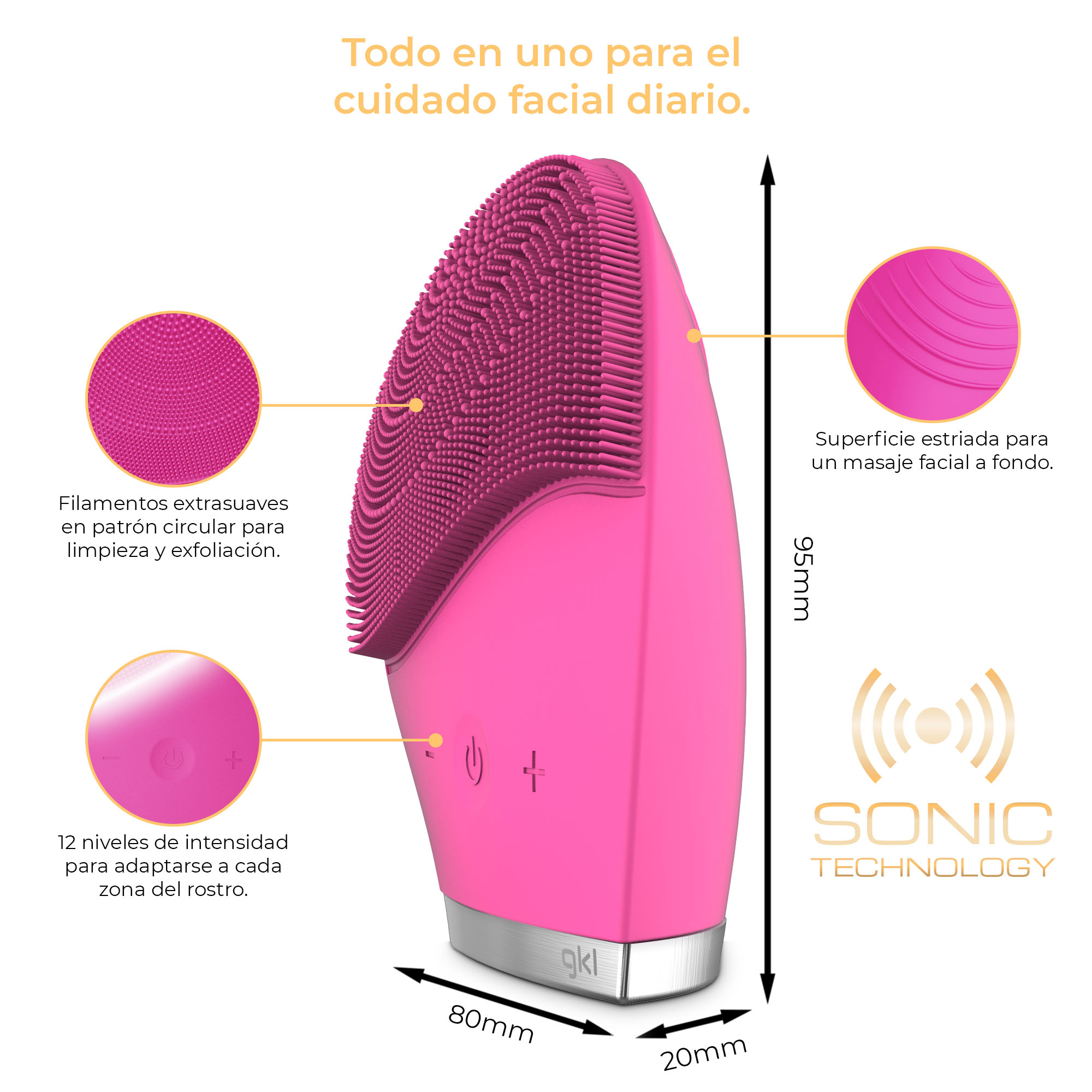 Cepillo de limpieza facial rosa con etiquetas y dimensiones.