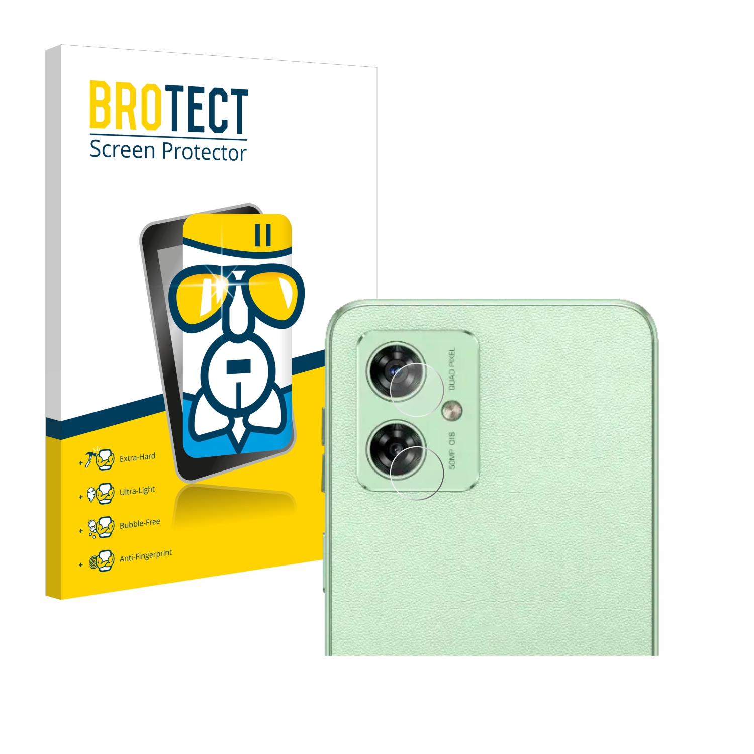 Brotect Displayschutzfolienbox und ein Telefon mit Schutzfolie auf dem Bildschirm.