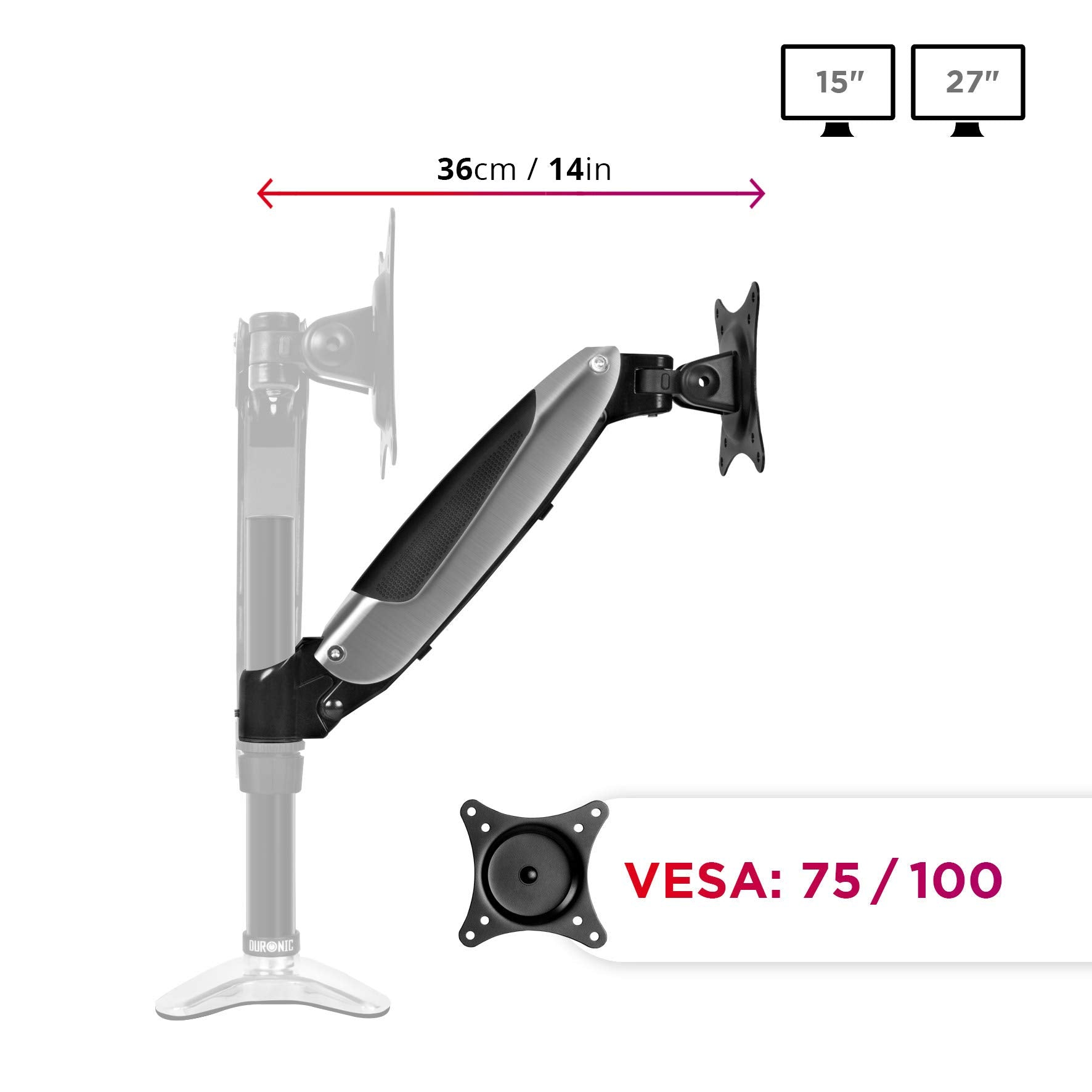 Monitorarm mit Maßen. Der Arm ist silber und schwarz, die Basis ist transparent.