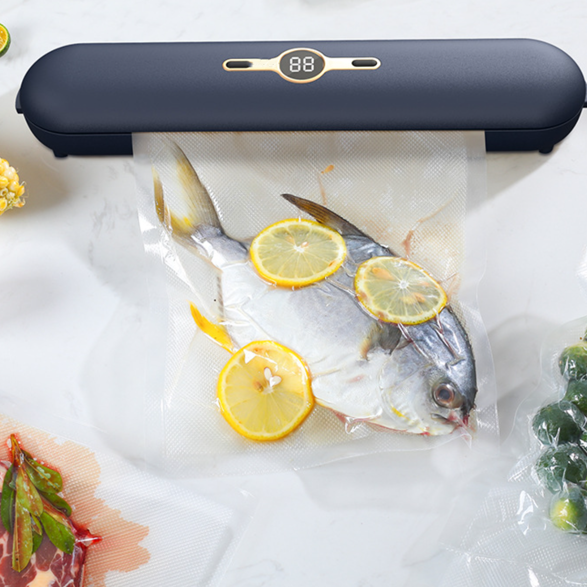 Ein Fisch mit Zitronenscheiben wird in einer Plastiktüte von einem Vakuumierer versiegelt.