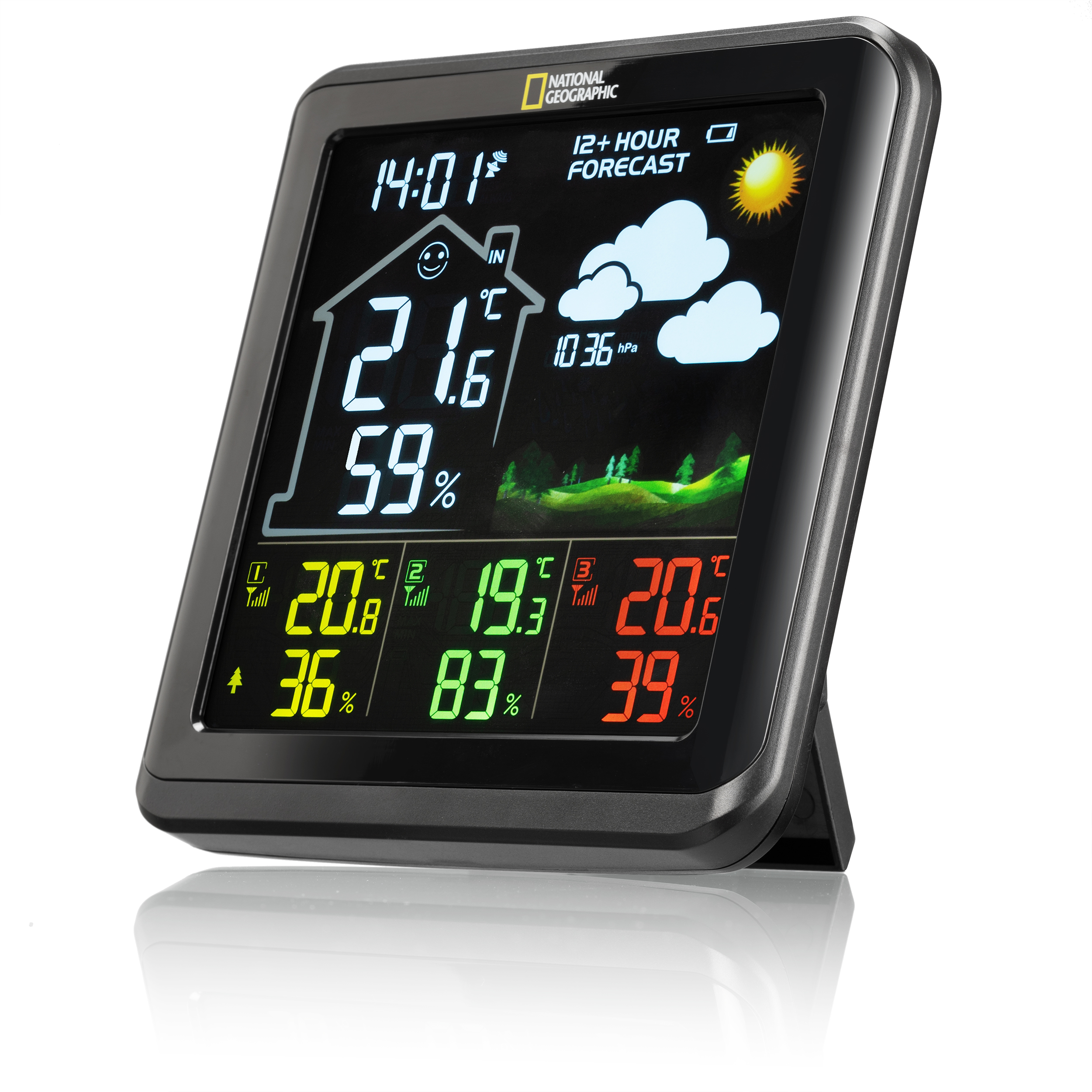 Eine Wetterstation mit Digitalanzeige, die Zeit, Vorhersage und Temperaturwerte anzeigt.