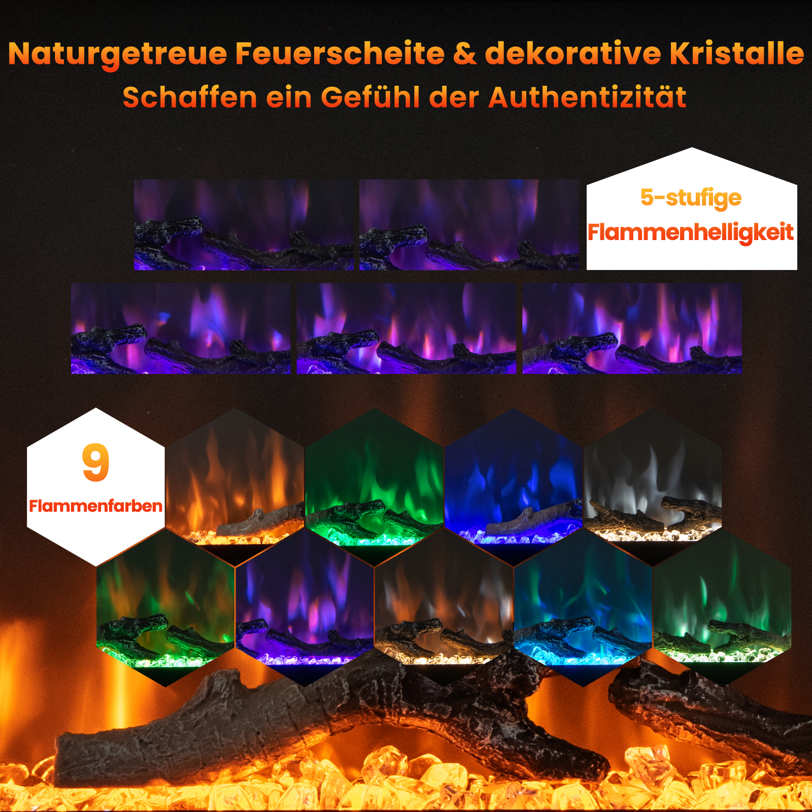 Ein Kamin mit mehreren Flammenfarben. Die Flammen werden in einer Reihe mit verschiedenen Farbschemata gezeigt.
