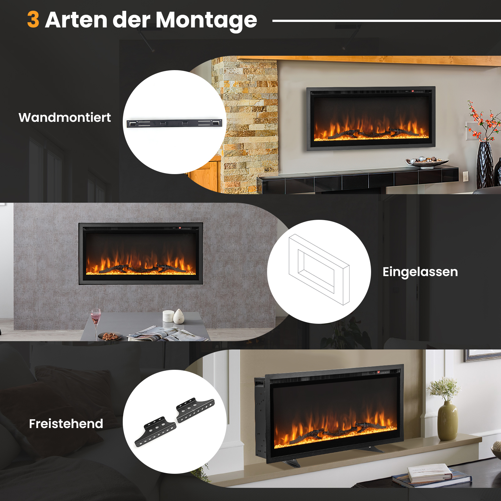 Bilder zeigen drei Installationsmethoden eines Kamins: Wandmontage, Einbau und freistehend.