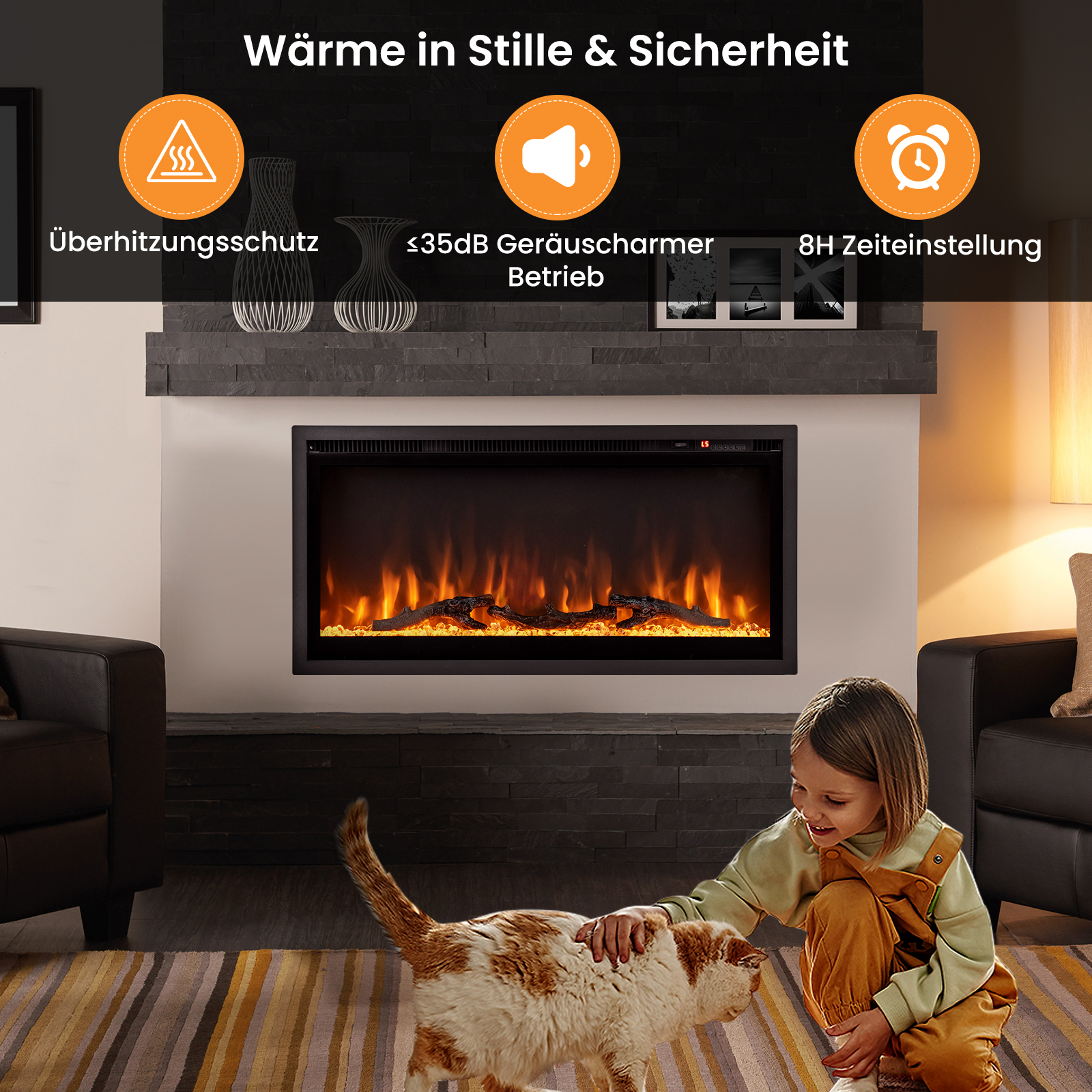 Ein Kind und eine Katze befinden sich in der Nähe eines Kamins. Der Kamin hat einen Flammeneffekt.