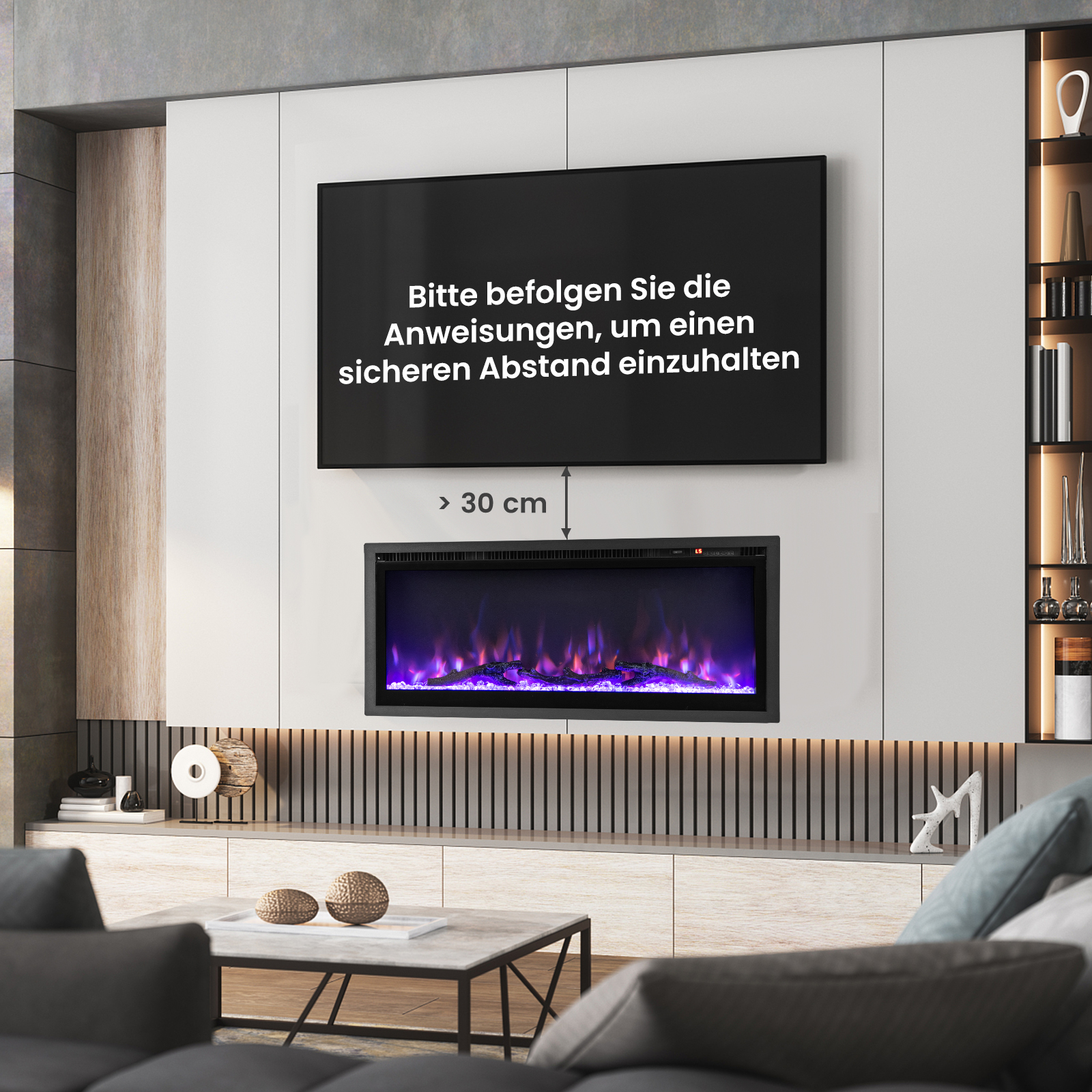 TV über Kamin. Text: Befolgen Sie die Anweisungen, um einen Sicherheitsabstand von <gt/>30 cm einzuhalten.