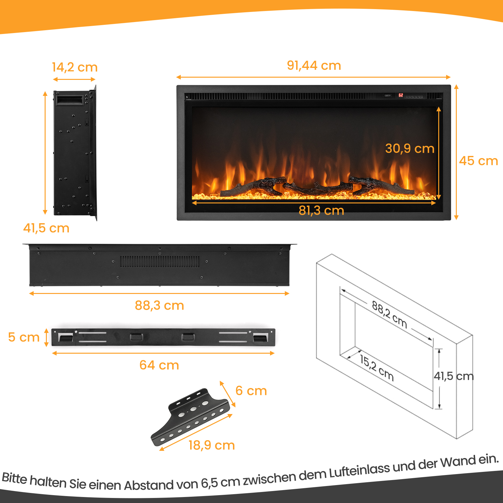 Elektrischer Kamin mit Abmessungen. Enthält einen schwarzen Rahmen, Flammeneffekt und mehrere Messungen.