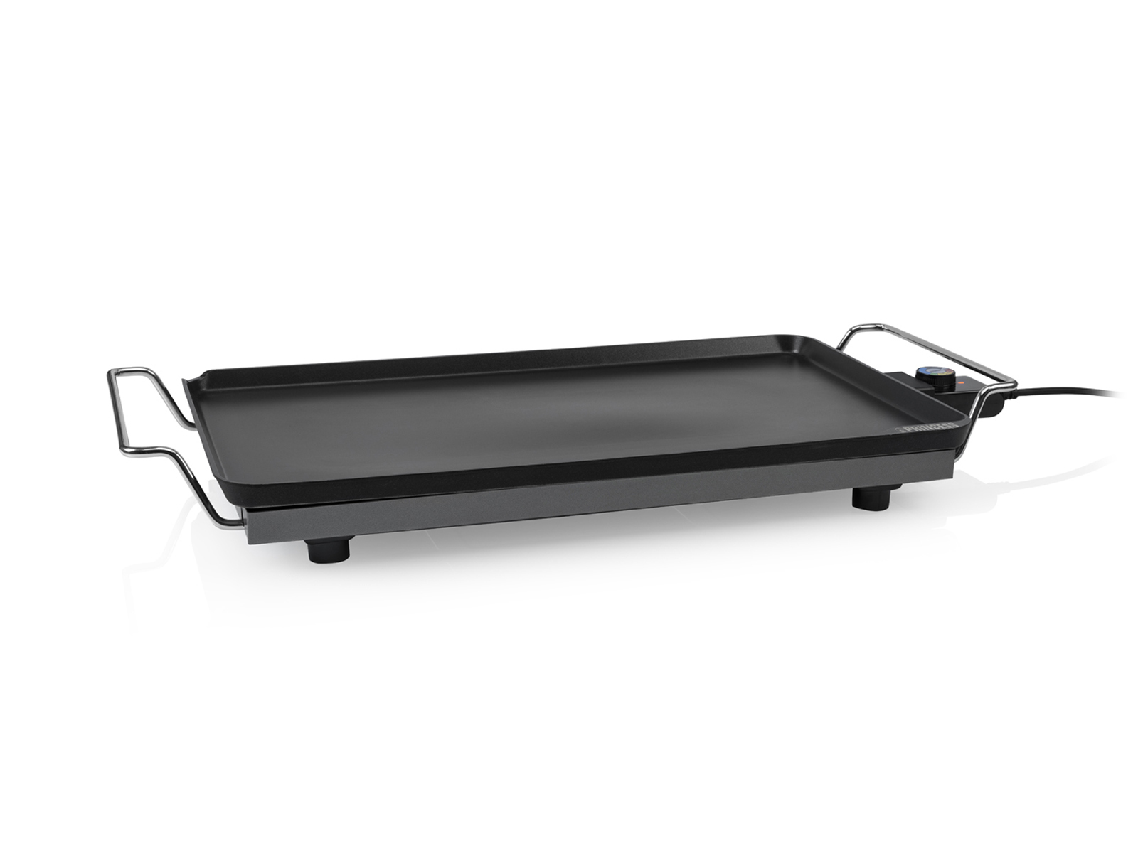 Plancha eléctrica negra, rectangular, con asas y mando de control.