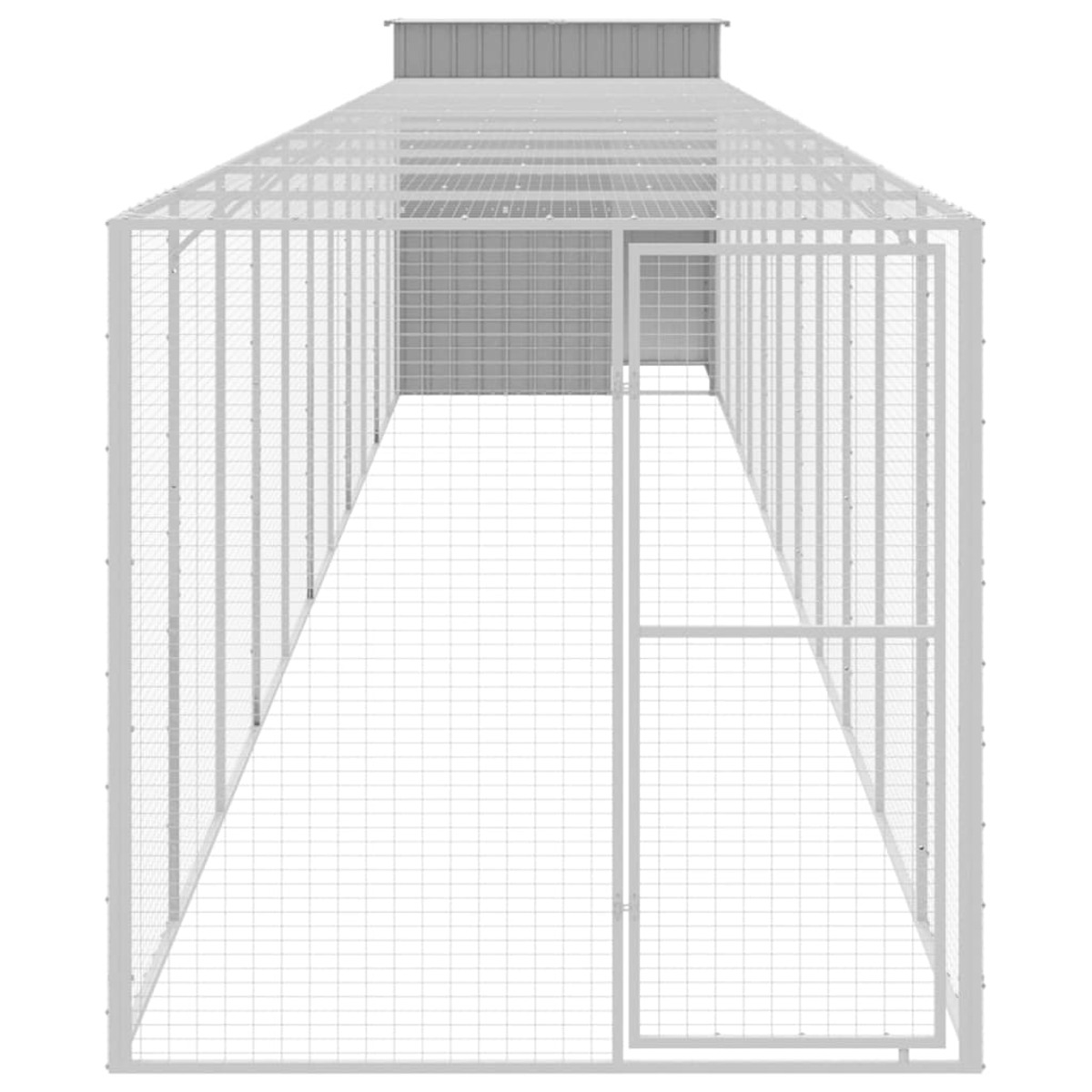 Perspektivansicht einer weißen Metall-Hundehütte mit Dach und Tür.