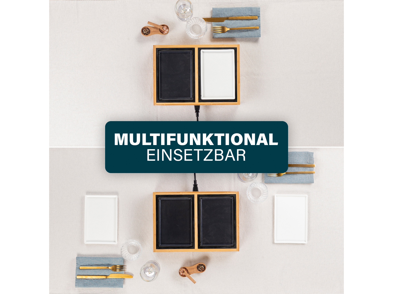 Zwei Raclette-Grills, Platten und Serviergeschirr, Text 'MULTIFUNKTIONAL EINSETZBAR'.