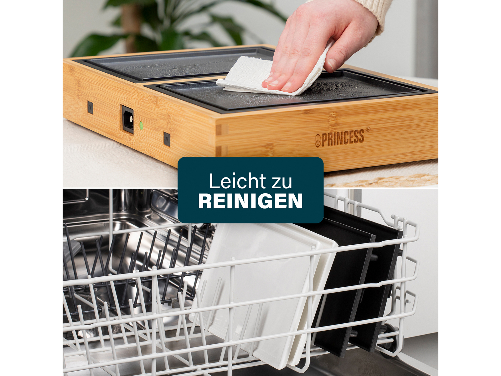Eine Frau reinigt einen Princess-Grill, im Hintergrund eine Spülmaschine.