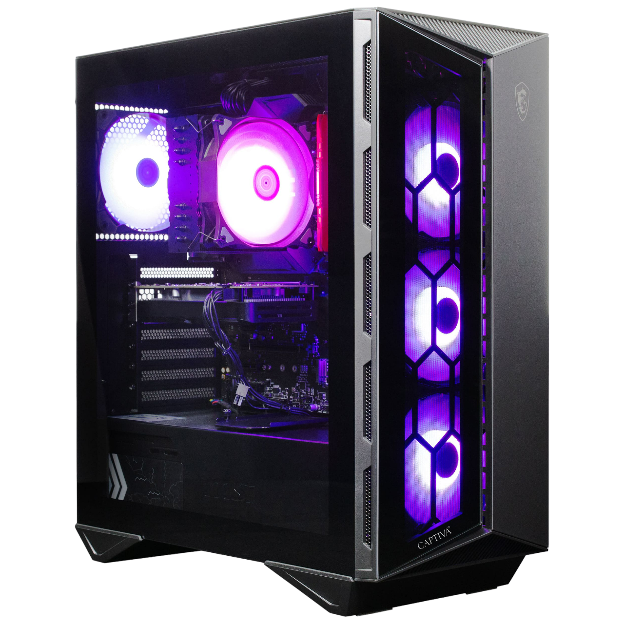 Schwarzes Computergehäuse mit RGB-Lüftern, Glasplatte und beleuchteten Innenkomponenten.