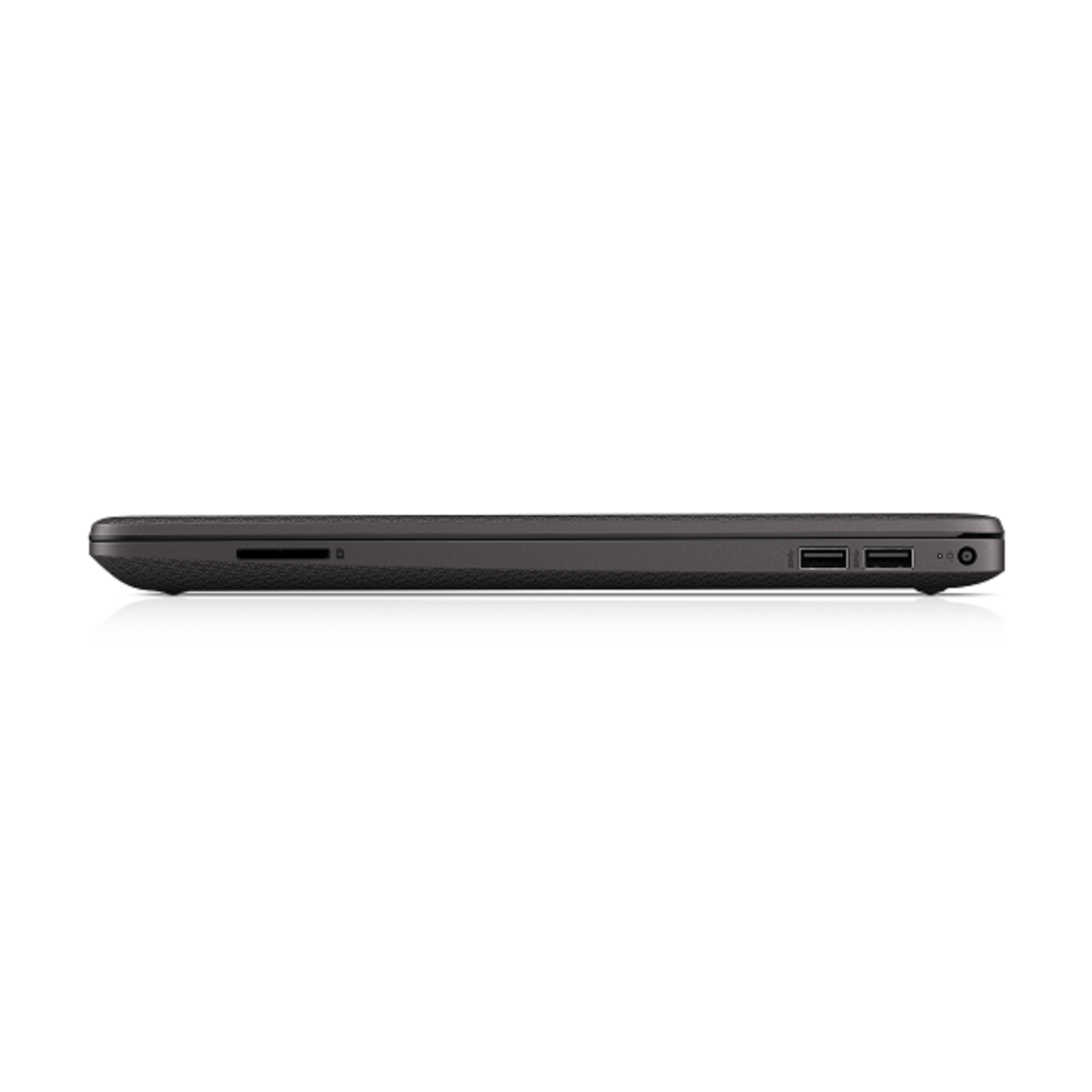 Seitenansicht eines schwarzen Laptops mit sichtbaren Anschlüssen und strukturierter Oberfläche.