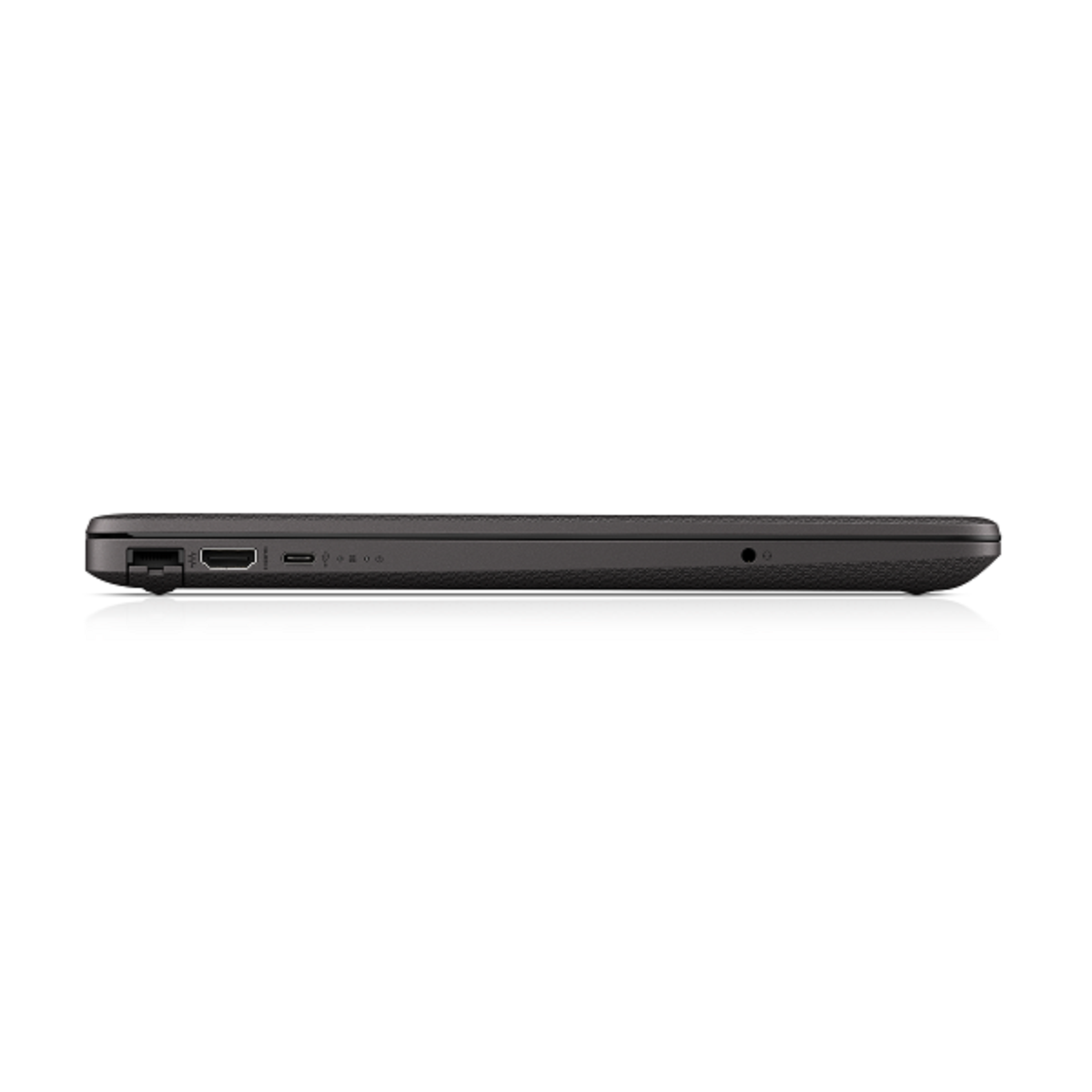 Seitenansicht eines schwarzen Laptops, die Anschlüsse und Verbindungen an der Seite zeigt.