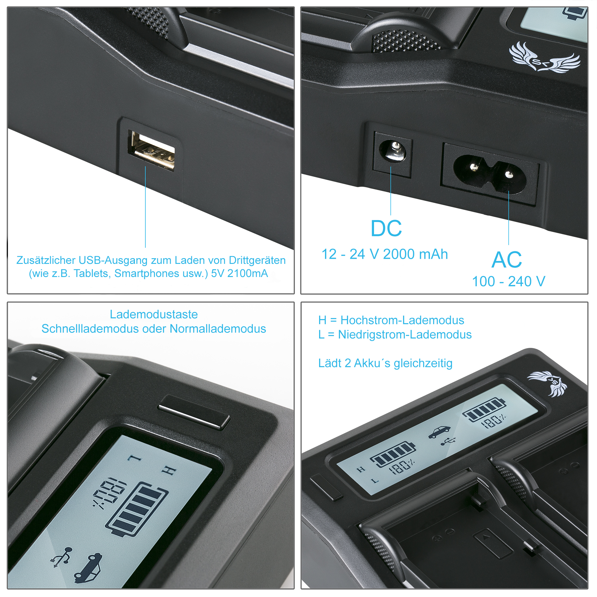 Nahaufnahme einer schwarzen Ladestation. Zeigt USB-, DC- und AC-Anschlüsse. Textbeschriftungen beschreiben Modi.