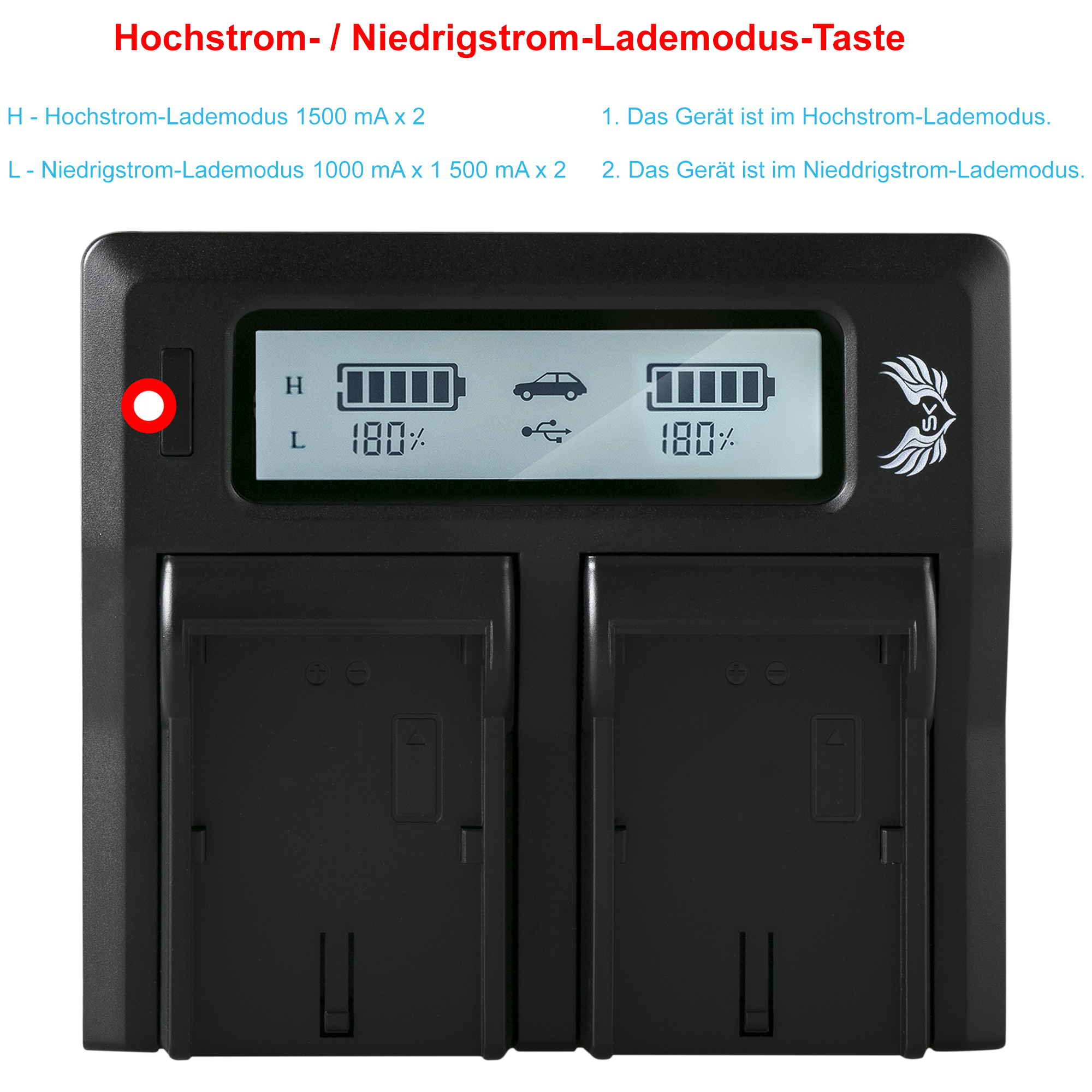 Ein schwarzes Batterieladegerät mit Display, das Akkustände und Lademodi anzeigt.