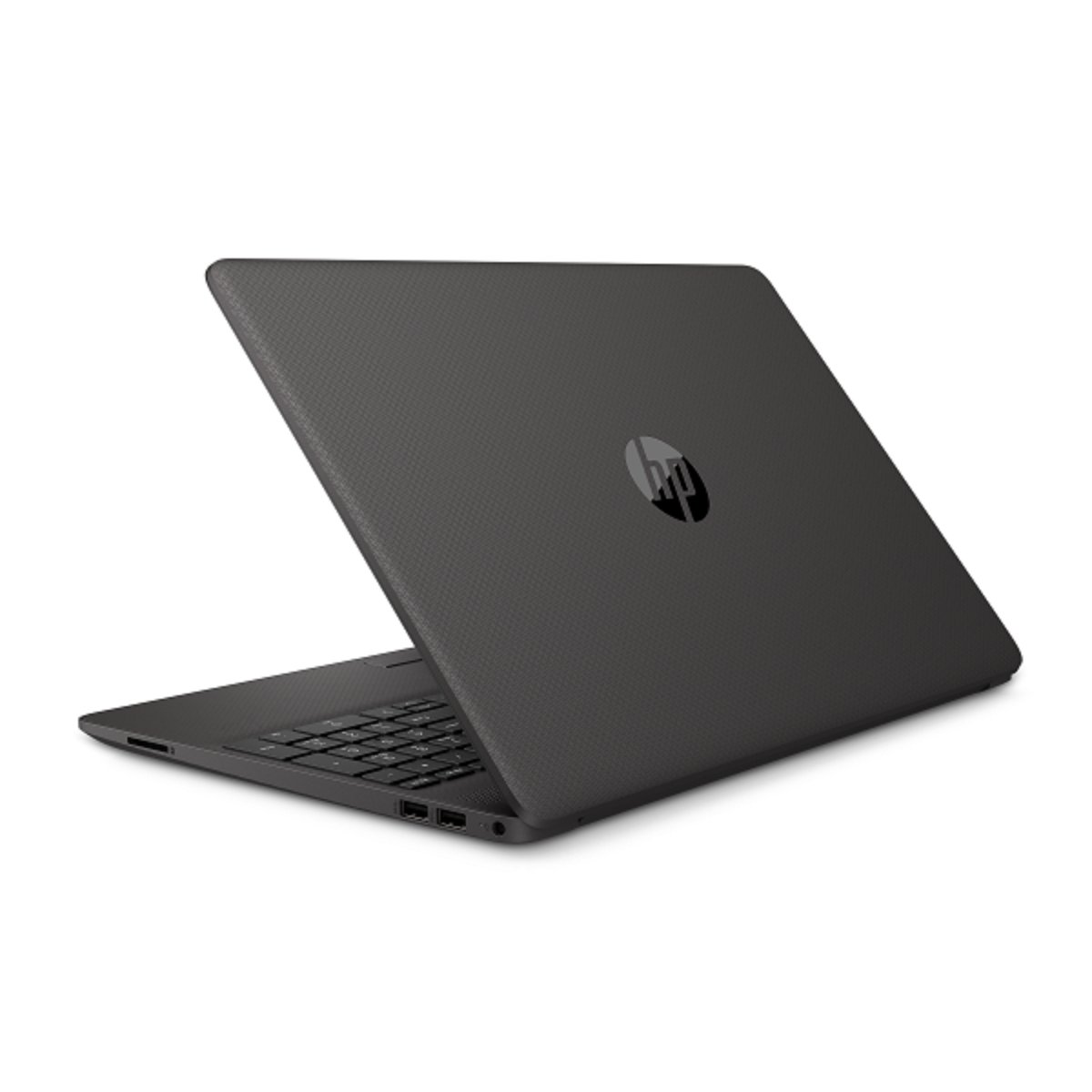 Schwarzer Laptop, offen, auf einer Oberfläche. HP-Logo sichtbar. Grauer Hintergrund.