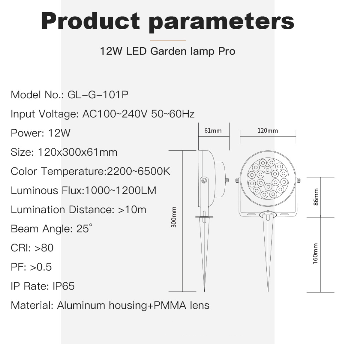 Ein Produktdiagramm einer 12W LED-Gartenlampe, das Abmessungen und technische Daten zeigt. Es ist eine Gartenlampe.