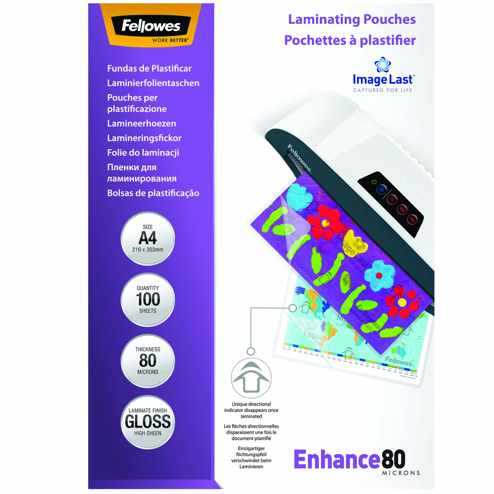 Laminiergerät mit Beuteln und Produktinformationen auf weißem Hintergrund.