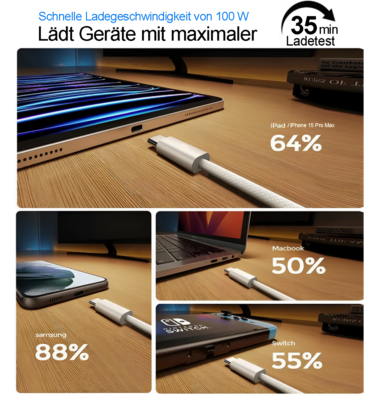 Mehrere Bilder, die ein weißes Ladekabel zeigen, das an verschiedene Geräte angeschlossen ist: Tablet, Laptop, Telefon und Switch.