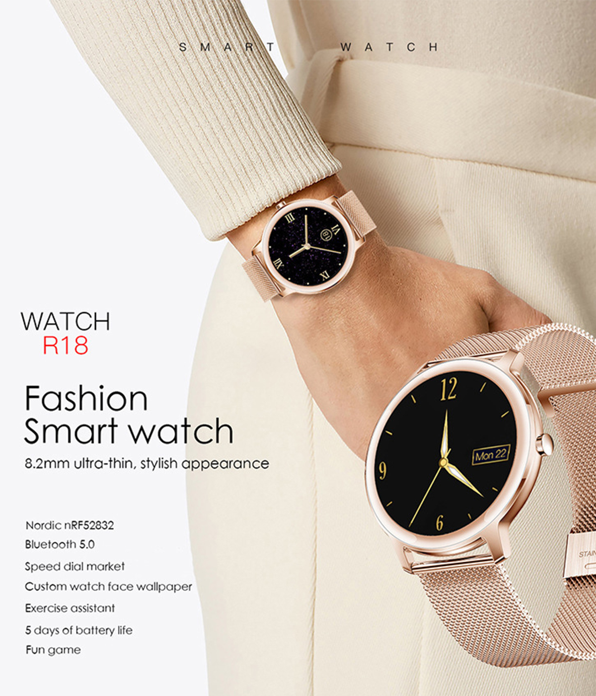 Smartwatch Intelligente Schlafüberwachung und Fitnessuhr mit BRIGHTAKE Herzfrequenz- Metall, Gold