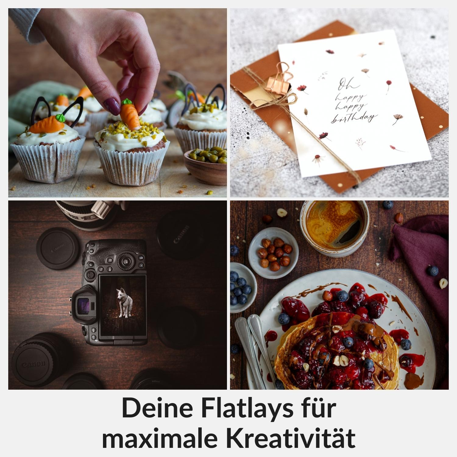 Collage aus Essen und Gegenständen. Cupcakes, eine Geburtstagskarte, eine Kamera und ein Teller mit Essen.