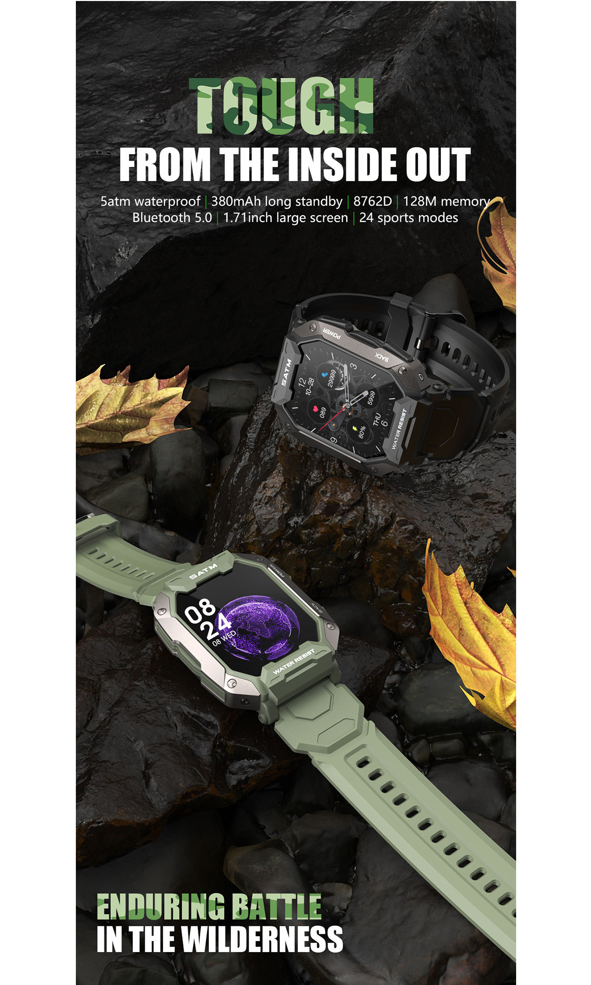 Zwei Smartwatches mit grünen und schwarzen Armbändern auf Fels.