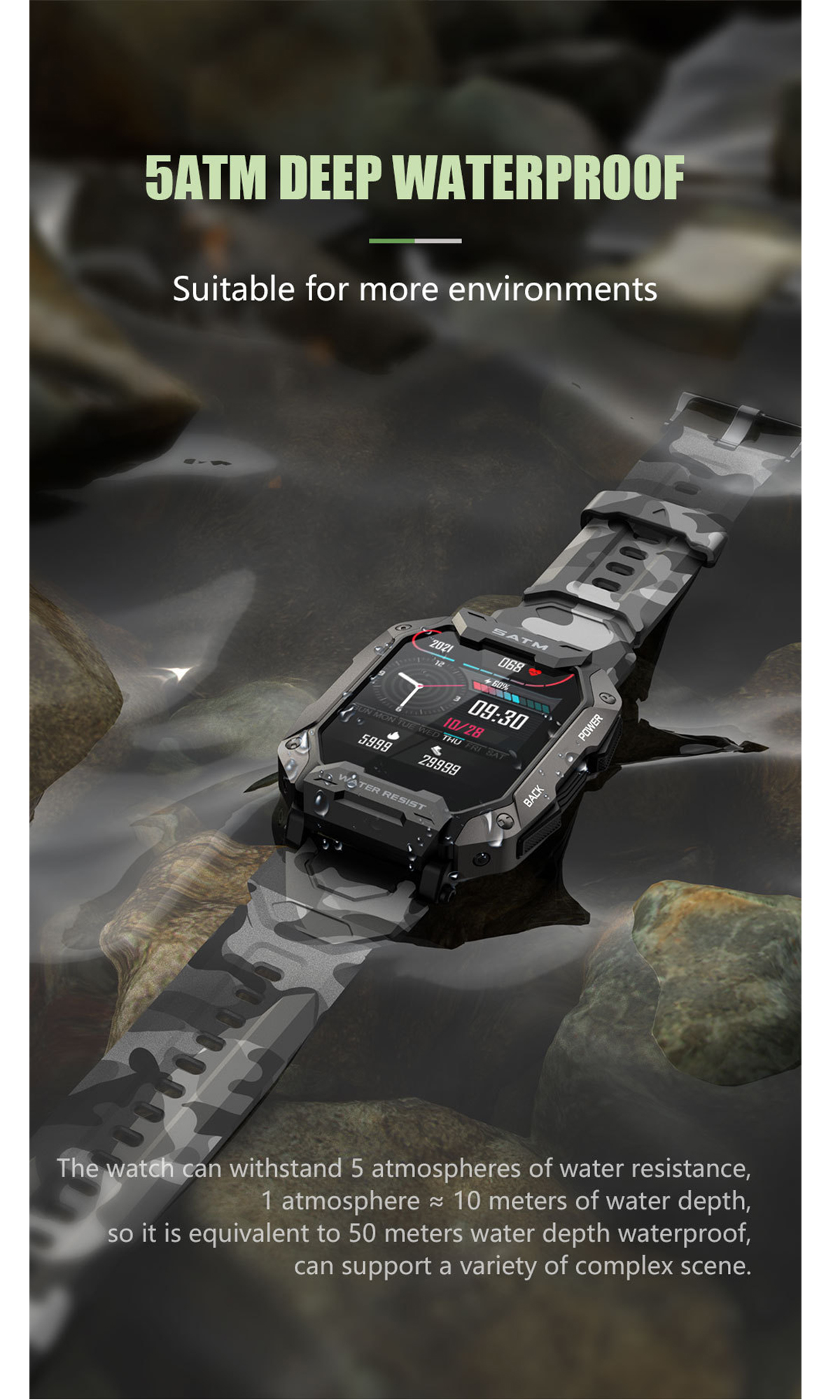 Eine Camo-Smartwatch unter Wasser, die Zeit und Statistiken anzeigt.