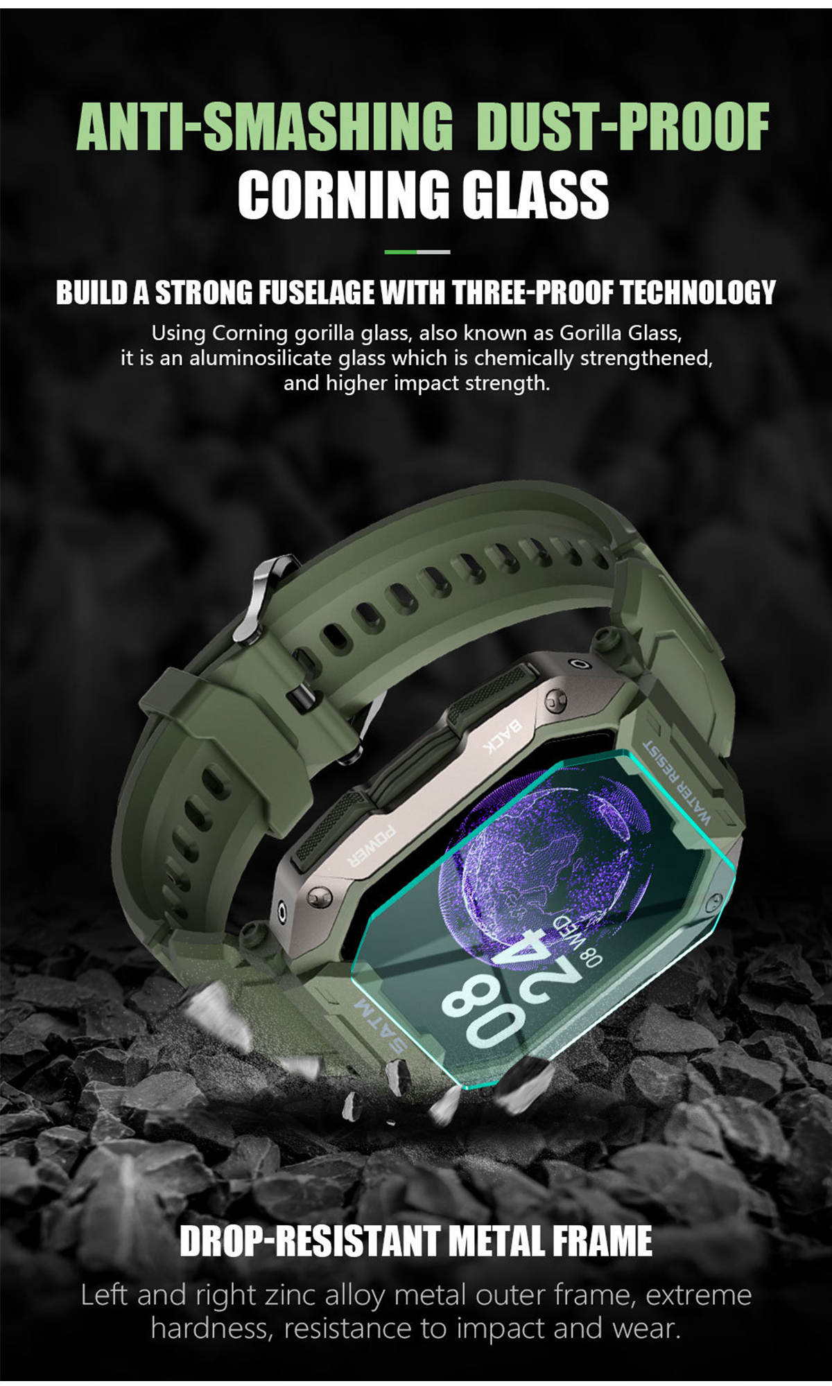 Grüne Smartwatch mit Schutzglas, Metallrahmen und Textbeschreibung.