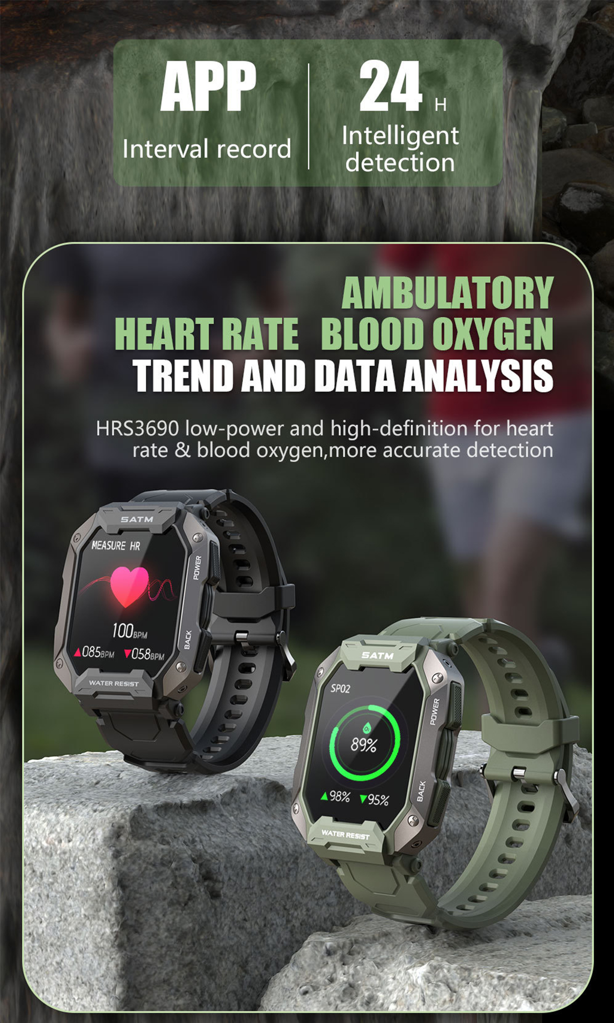 Zwei Smartwatches auf einer Steinoberfläche. Sie zeigen Herzfrequenz, Blutsauerstoff und Datenanalyse an.