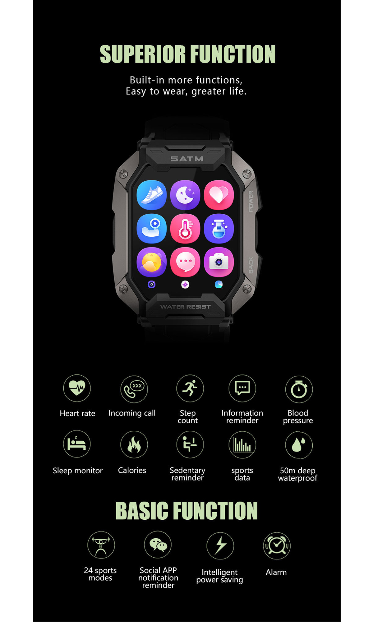 Eine Smartwatch mit verschiedenen App-Symbolen auf dem Bildschirm, umgeben von einem schwarzen Rahmen.