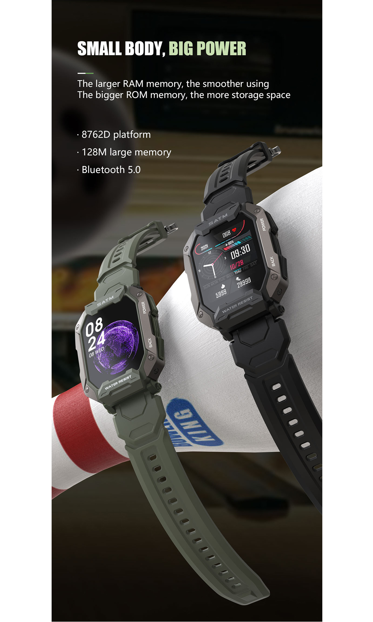Zwei Smartwatches, eine grün, eine schwarz, mit Details zu RAM, Speicher und Bluetooth.