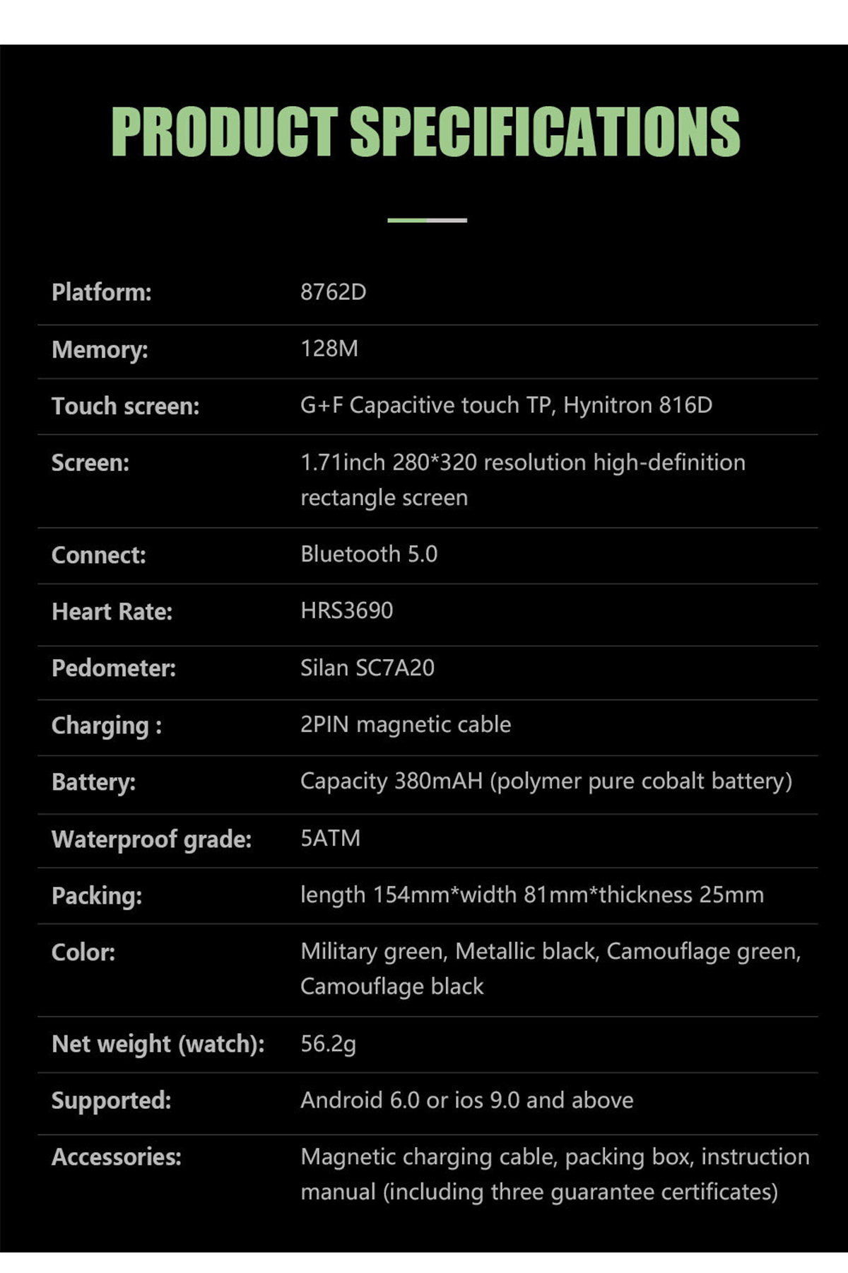 Ein Produktspezifikationsblatt mit Text über Funktionen und Spezifikationen einer Smartwatch.
