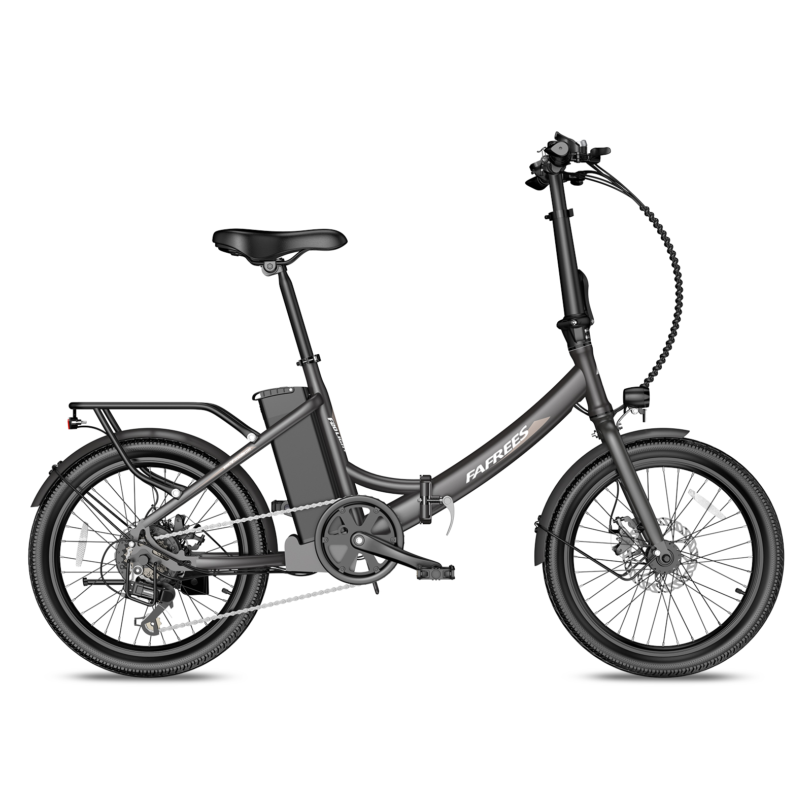 Schwarzes elektrisches Klapprad auf weißem Hintergrund. Hat einen Akku und einen Gepäckträger.