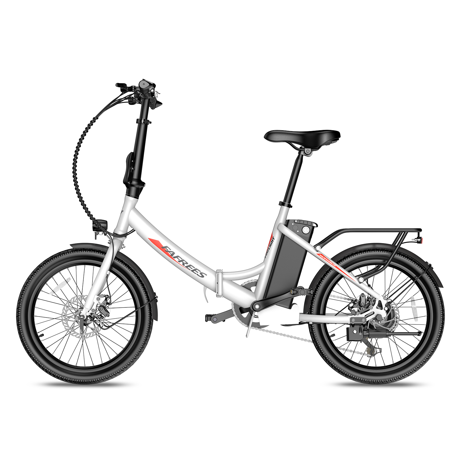 Ein silbernes Elektrofahrrad mit schwarzen Reifen. Es hat einen Gepäckträger über dem Hinterrad, auf weißem Hintergrund.
