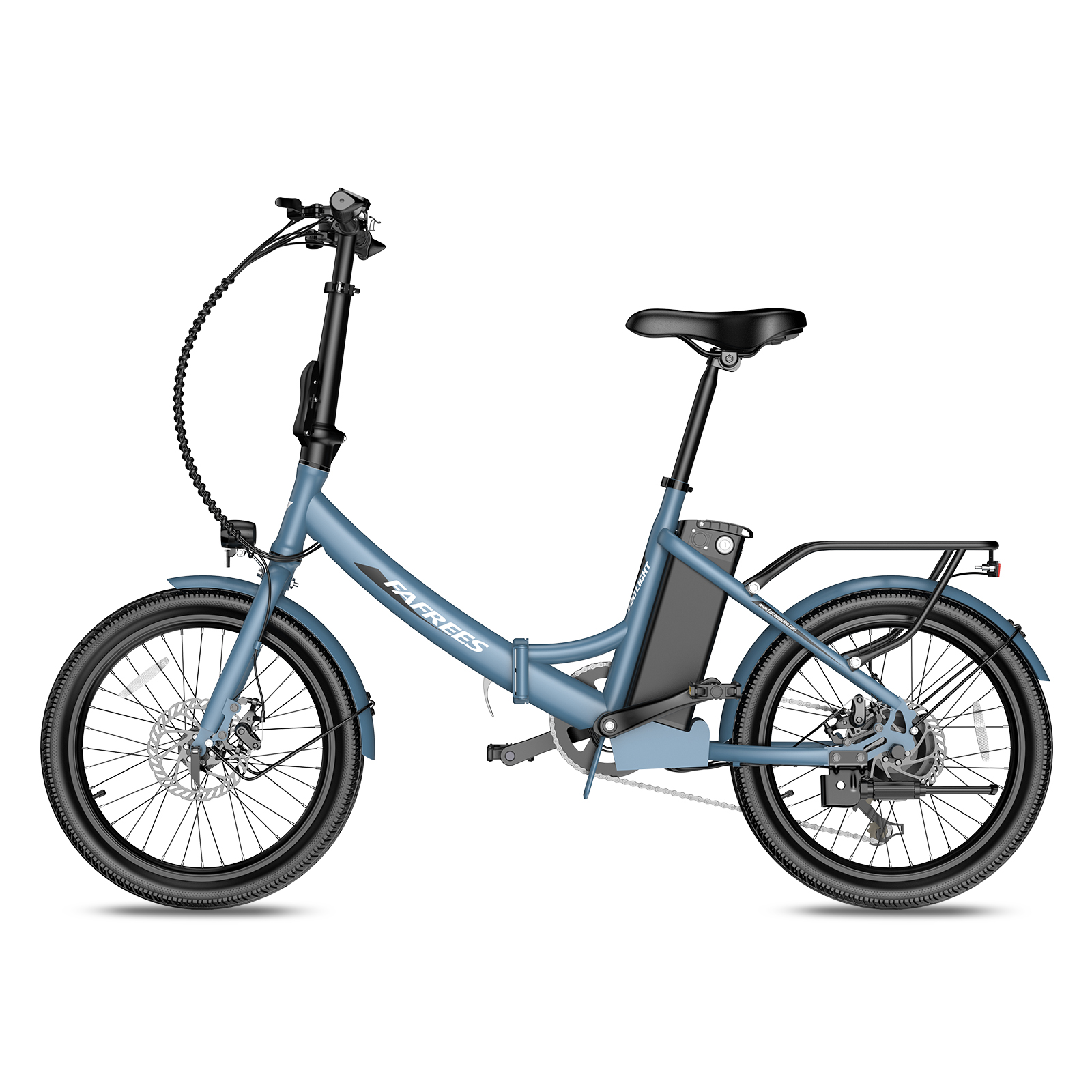 Blaues Elektrofahrrad mit schwarzen Reifen und Rahmen, vor weißem Hintergrund.