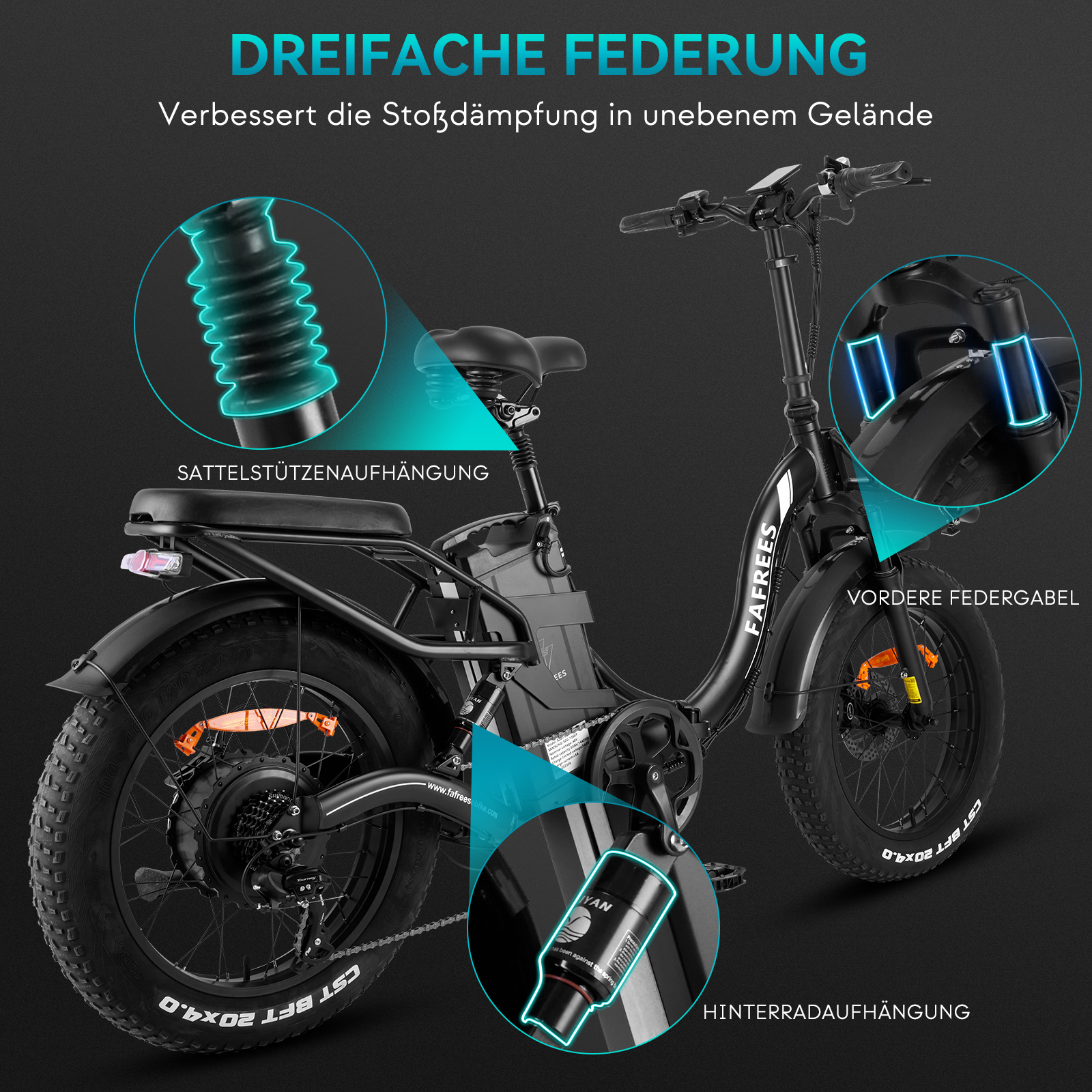Ein schwarzes Elektrofahrrad mit hervorgehobenen Komponenten. Es zeigt Federung, Batterie und Motor.