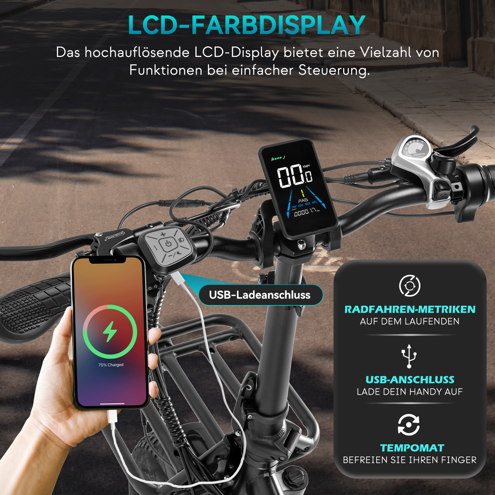 Fahrradlenker mit ladendem Telefon und LCD-Display mit Statistiken, auf schwarzem Hintergrund.