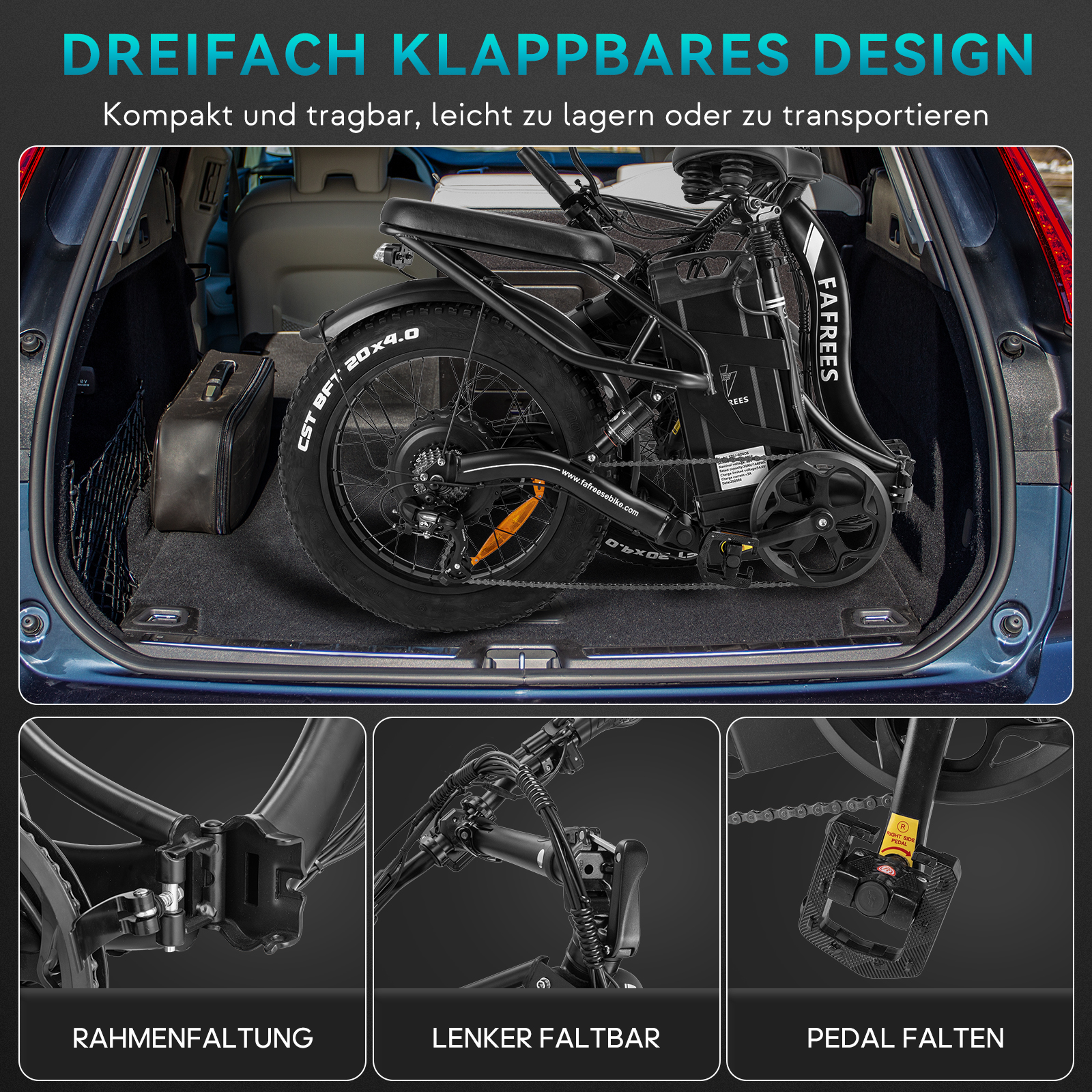 Gefaltetes schwarzes Elektrofahrrad im Kofferraum. Details der Faltmechanismen sind gezeigt.