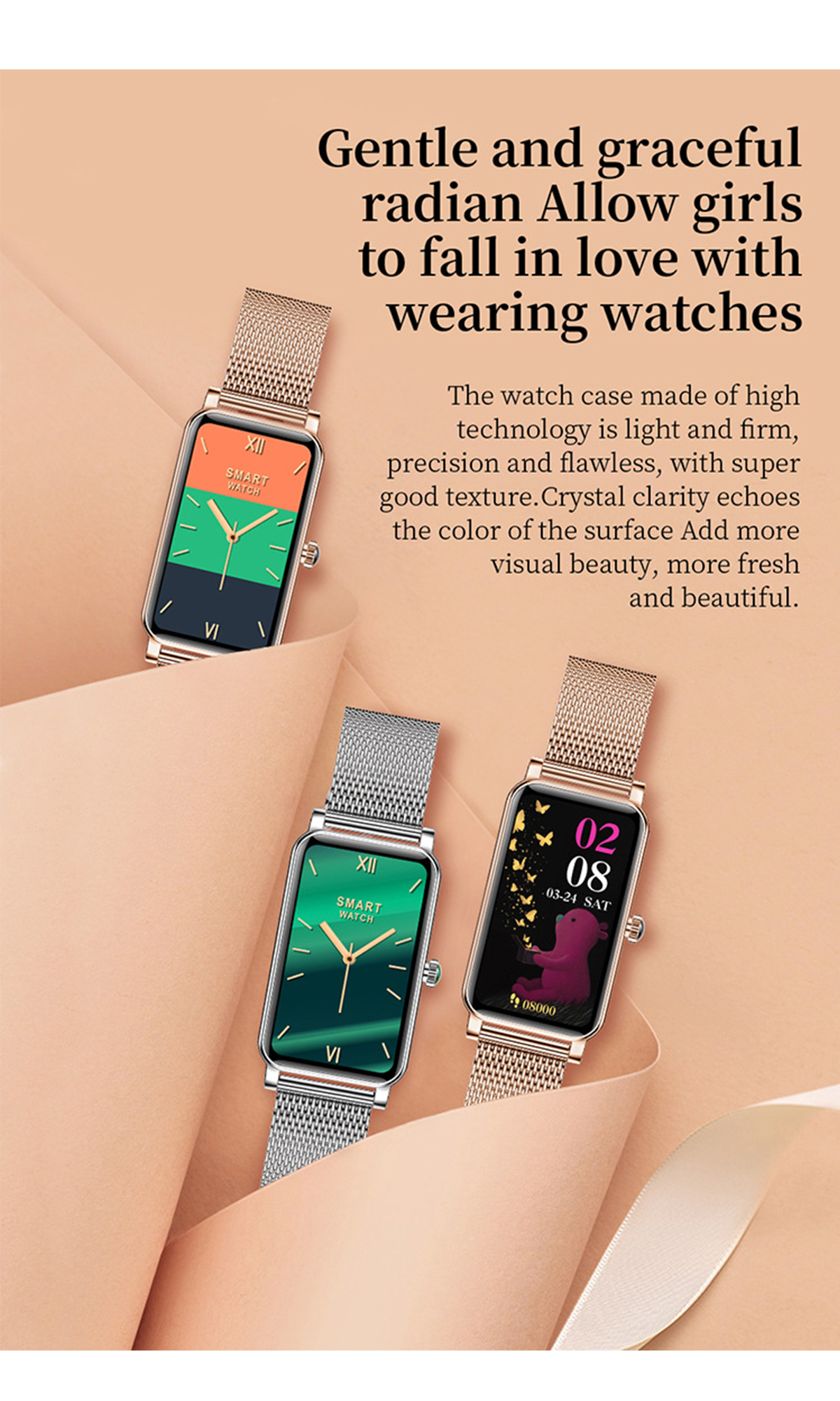 Smartwatches mit unterschiedlich farbigen Bildschirmen und Mesh-Armband.