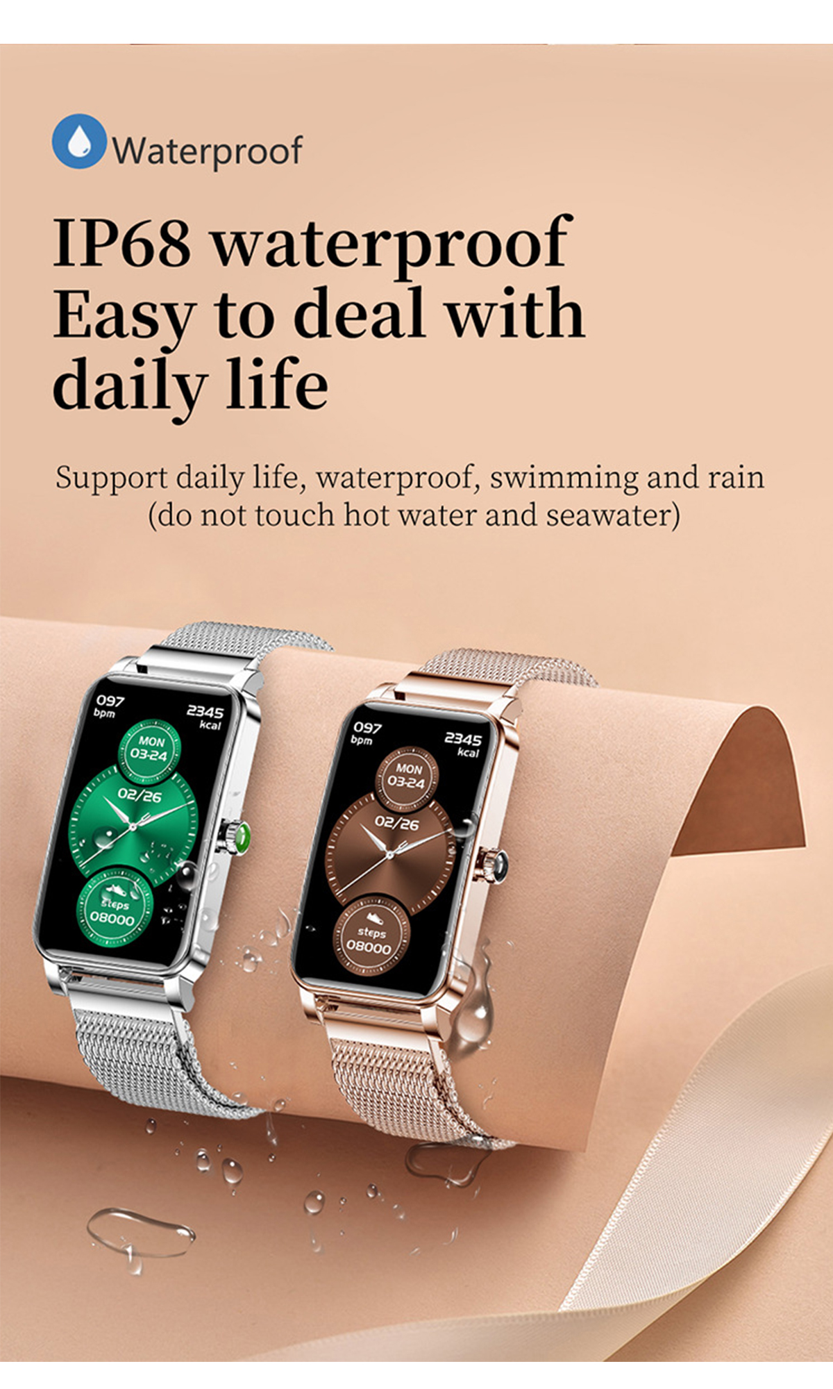 Zwei Smartwatches mit goldenem und silbernem Armband. Der Bildschirm zeigt Uhrzeit und Datum an.
