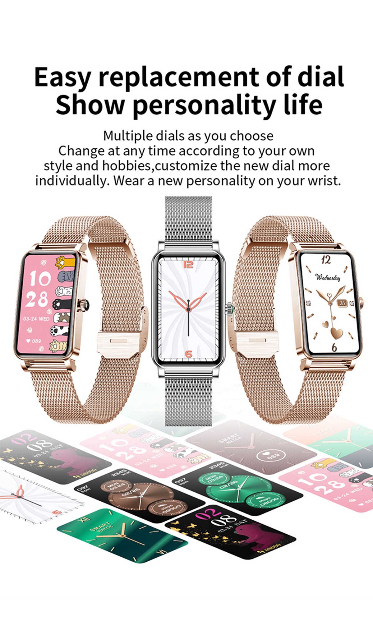 Drei Smartwatches mit verschiedenen Zifferblättern und einer Auswahl alternativer Zifferblätter darunter.