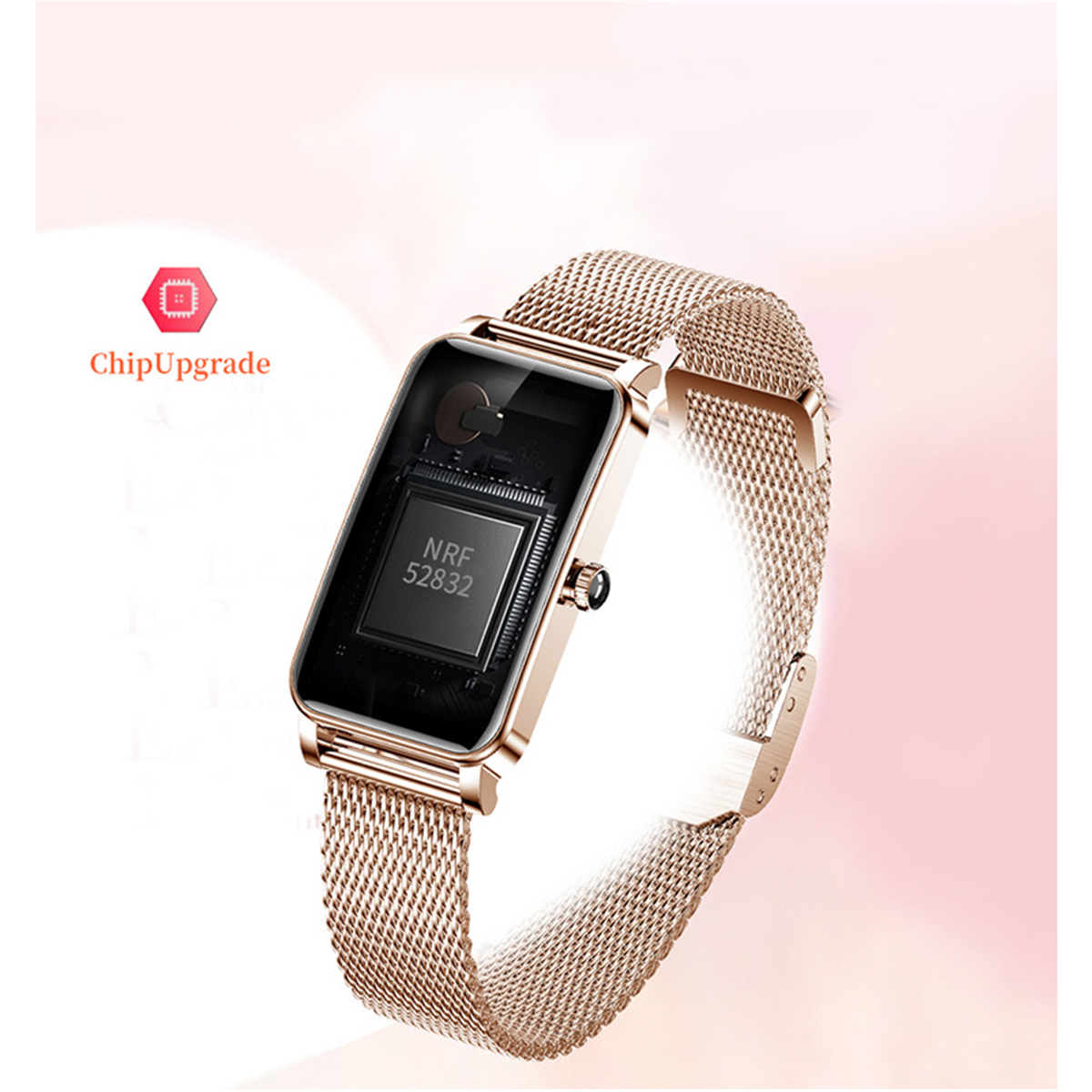 Goldene Mesh-Uhr mit schwarzem Bildschirm, der einen Chip anzeigt. Das Uhrenarmband ist ebenfalls goldfarben und aus Mesh.